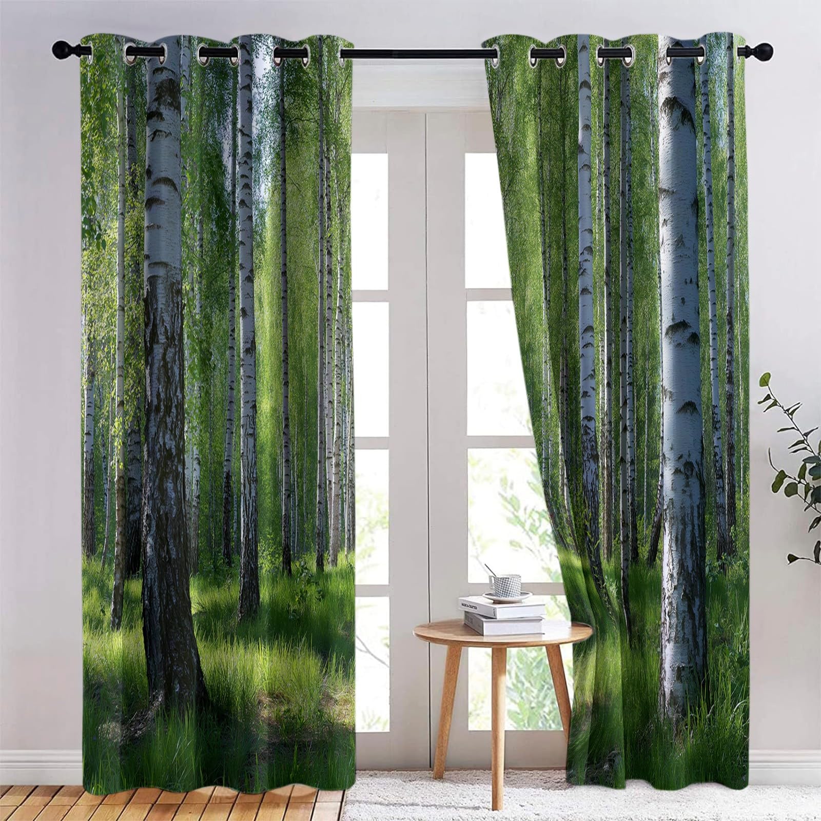 Generisch Verdunklungsvorhänge Birkenwald Natur Kinderzimmer Vorhänge Blickdicht, Grün Thermovorhang mit Ösen, für Schlafzimmer Fenster & Balkon Wald Blätter - 110 x 215 cm (2er Set)