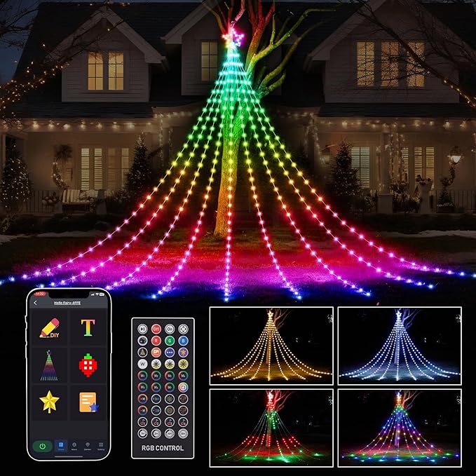 FANCILLUMA Guirnalda de luces de 16.4 pies para decoración de Navidad al aire libre, aplicación inteligente, control remoto RGB que cambia de color, 317 luces LED de cascada para jardín, patio,