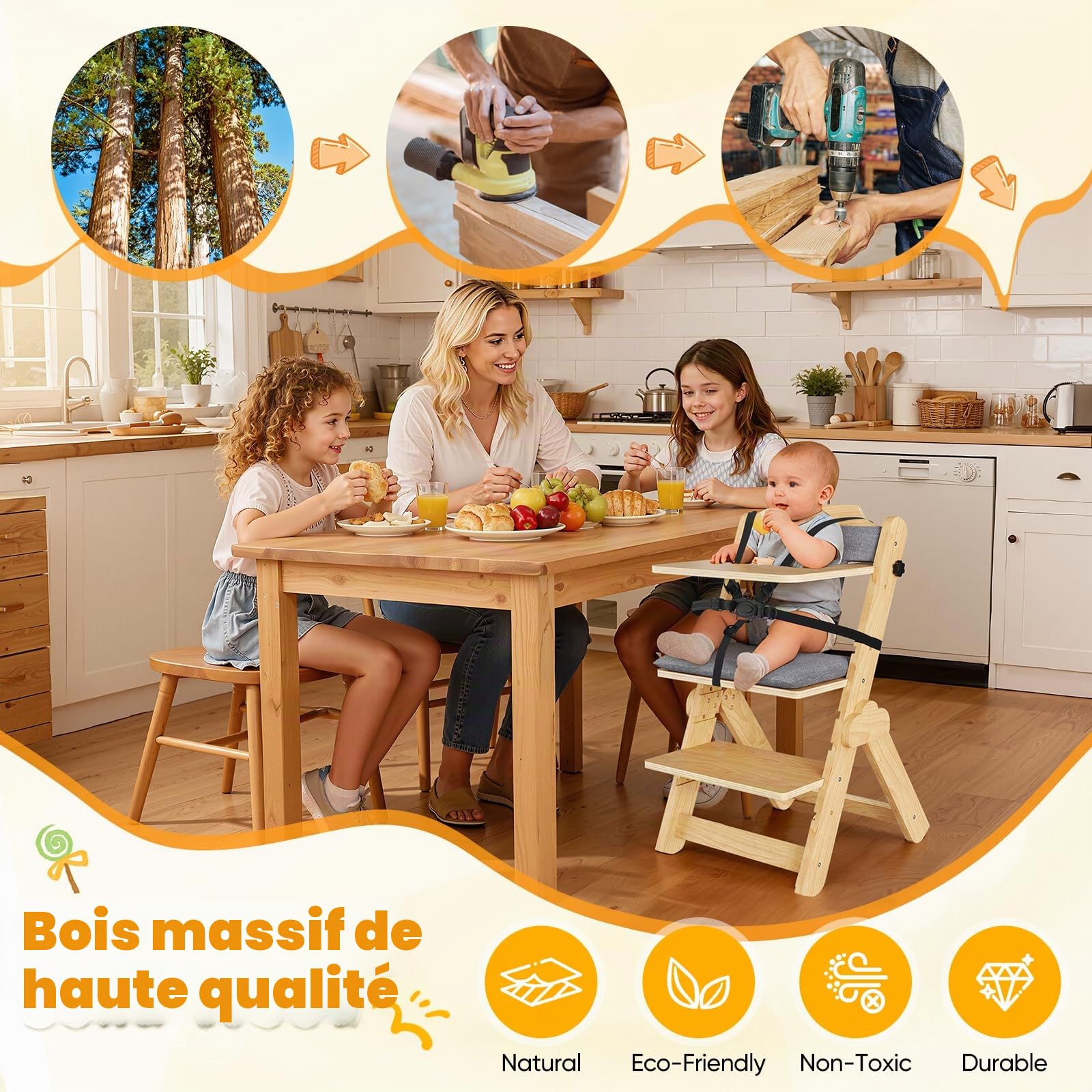 Chaise Haute Bébé Evolutive, 2 in 1 Chaise Haute Bois en Hêtre Massif, Chaises Hautes Évolutive Avec Harnais 5 Points Réglable, Enfant Ergonomique, Plateau Amovible, Pour Bébé À Partir De 6+ Mois