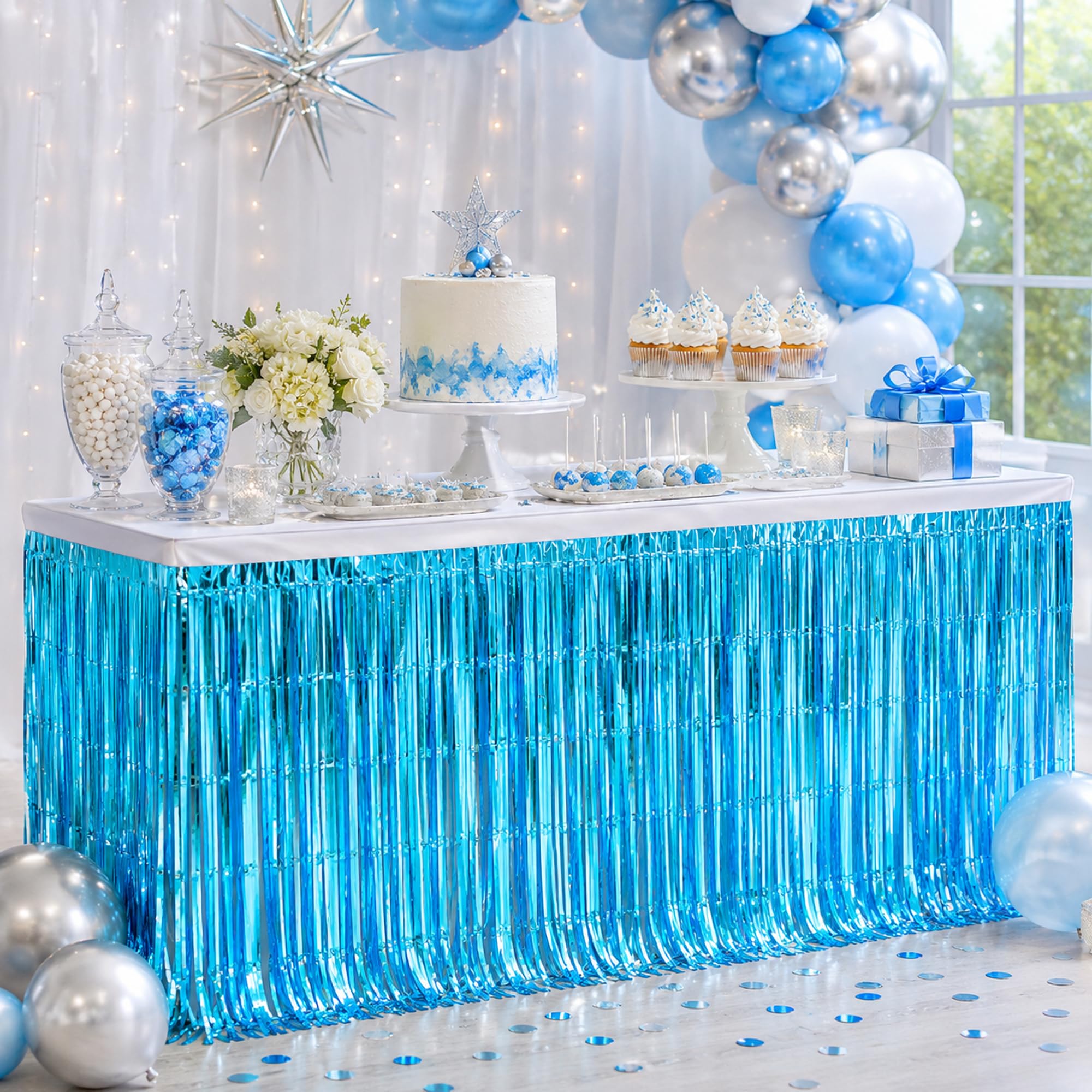 Light Blue Foil Fringe Table Skirt, 2-Pack Metallic Tinsel, 29x108 In