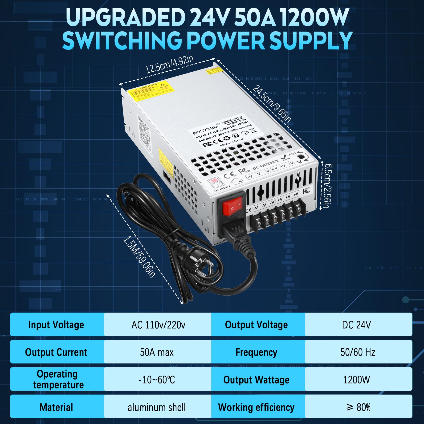 Mise à Niveau 24V 50A 1200W Alimentation, Alimentation à Découpage AC 110/220V (SMPS) DC 24V Transformateur d'alimentation pour Imprimante 3D,Radio,industrielle (Avec cordon d'alimentation)