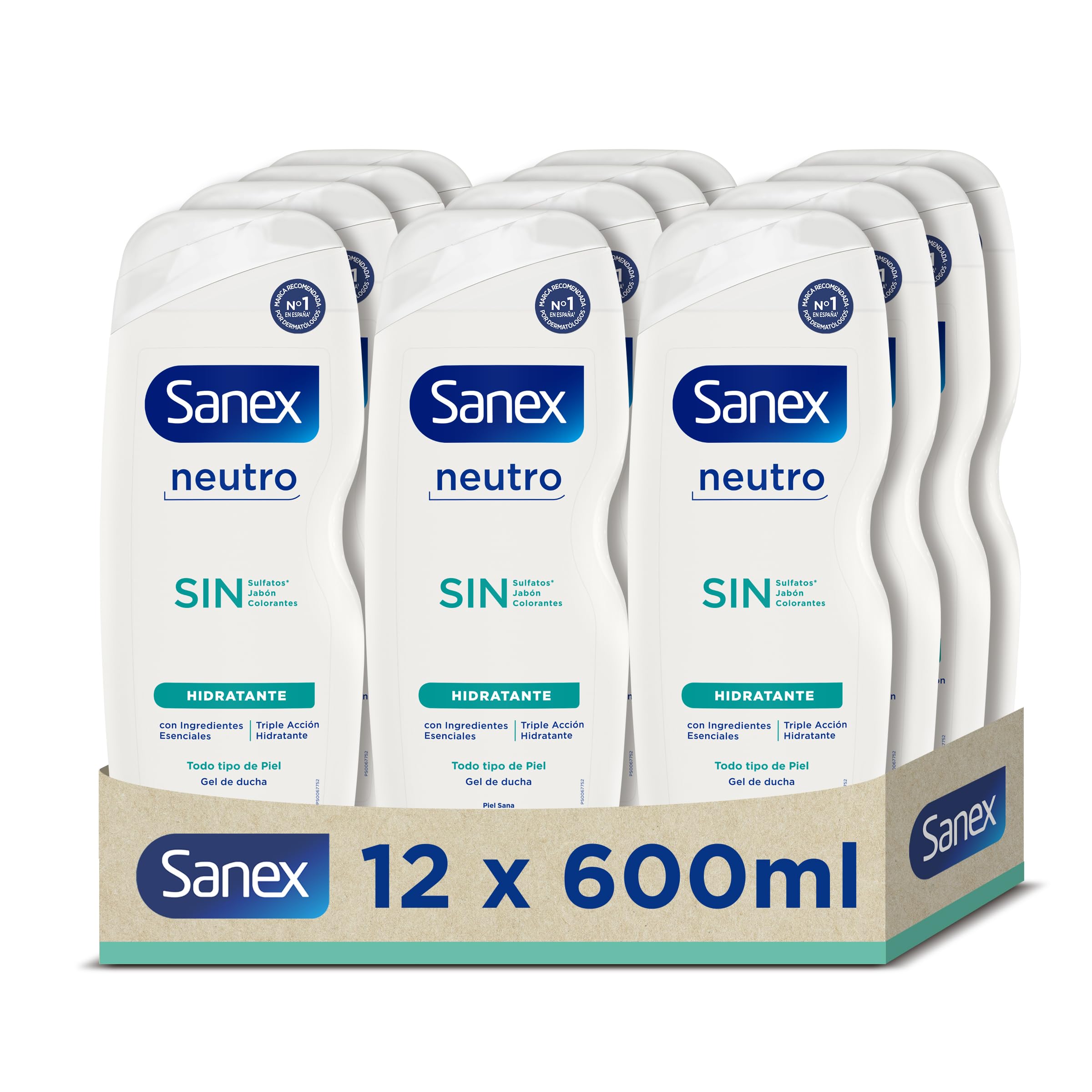 Sanex Gel doccia neutro idratante, 600 ml, confezione da 12, con ingredienti essenziali, 0% solfati, 0% sapone e 0% coloranti, per tutti i tipi di pelle, idratazione duratura, tecnologia a tripla