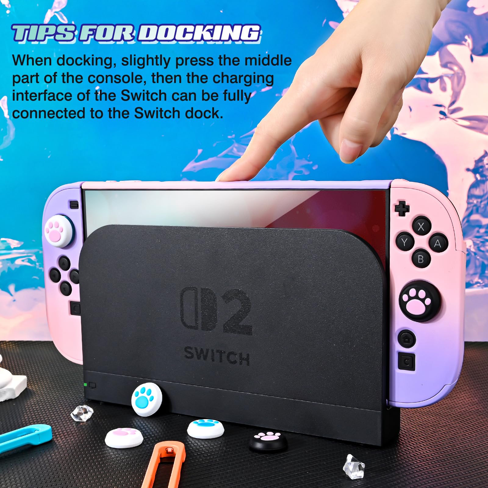 DLseego Hülle für Switch 2 2025, Dockable Farbige Harte Schutzhülle aus PC mit 2 Handgriffen und 6PCS Daumen Grips Kappe,Lila+Rosa - 4
