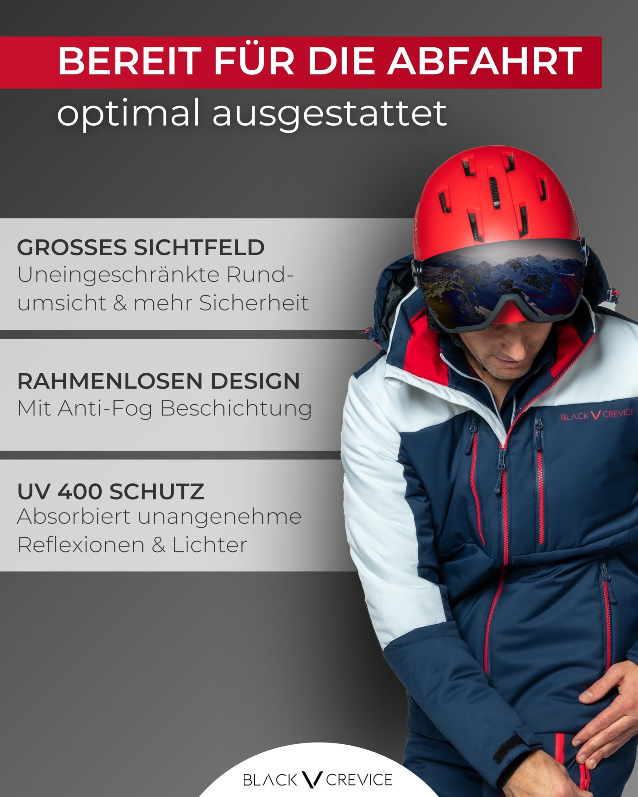 Black Crevice Skibrille I Unisex Skibrille mit rahmenlosen Design I Herren & Damen Skibrille mit UV 400-Schutz I Snowboardbrille mit sphärischen Gläsern I Verspiegelte Schneebrille