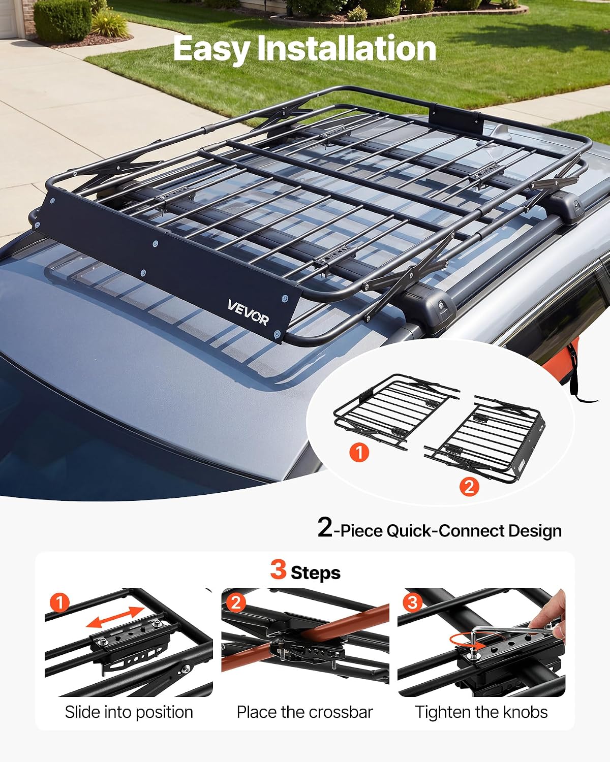 VEVOR Roof Rack Cargo Basket, 46 x 36 x 4 in, Heavy Duty Roof Top Carrier Basket with Folding Design, 200 lbs Capacity, All-Weather Easy-Install Car Top Luggage Holder, Universal Fit for SUV Truck Car