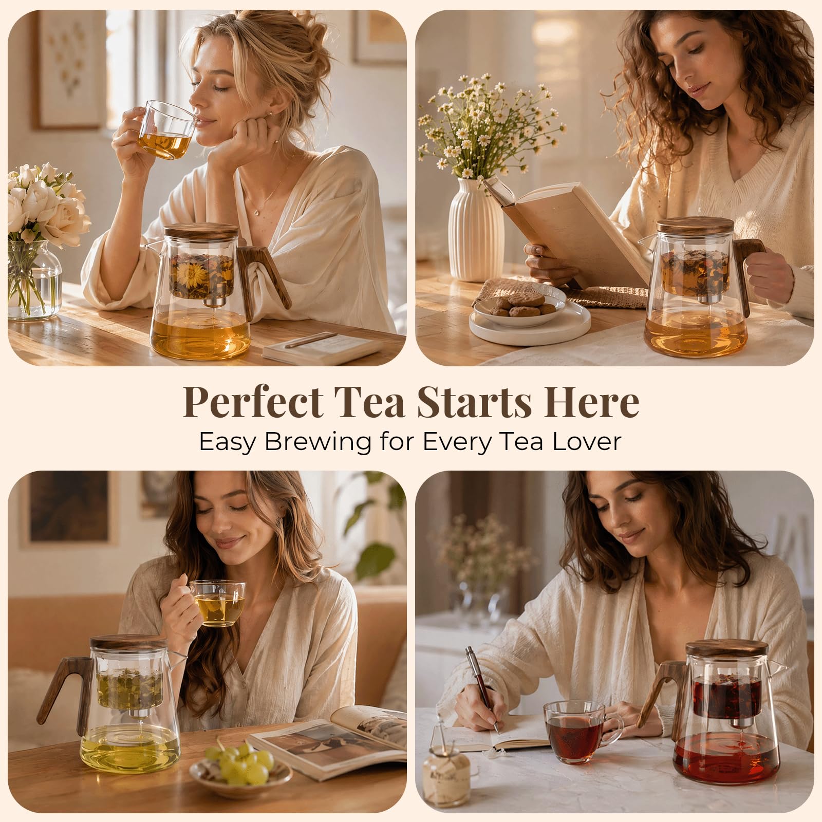 Magic Théière en Verre avec Passoire, Theiere en Verre avec Couvercle à Succion Magnétique et Manche en Bois de Noyer, Theiere avec Infuseur pour Thé en Vrac, Service à Thé Maison Bureau