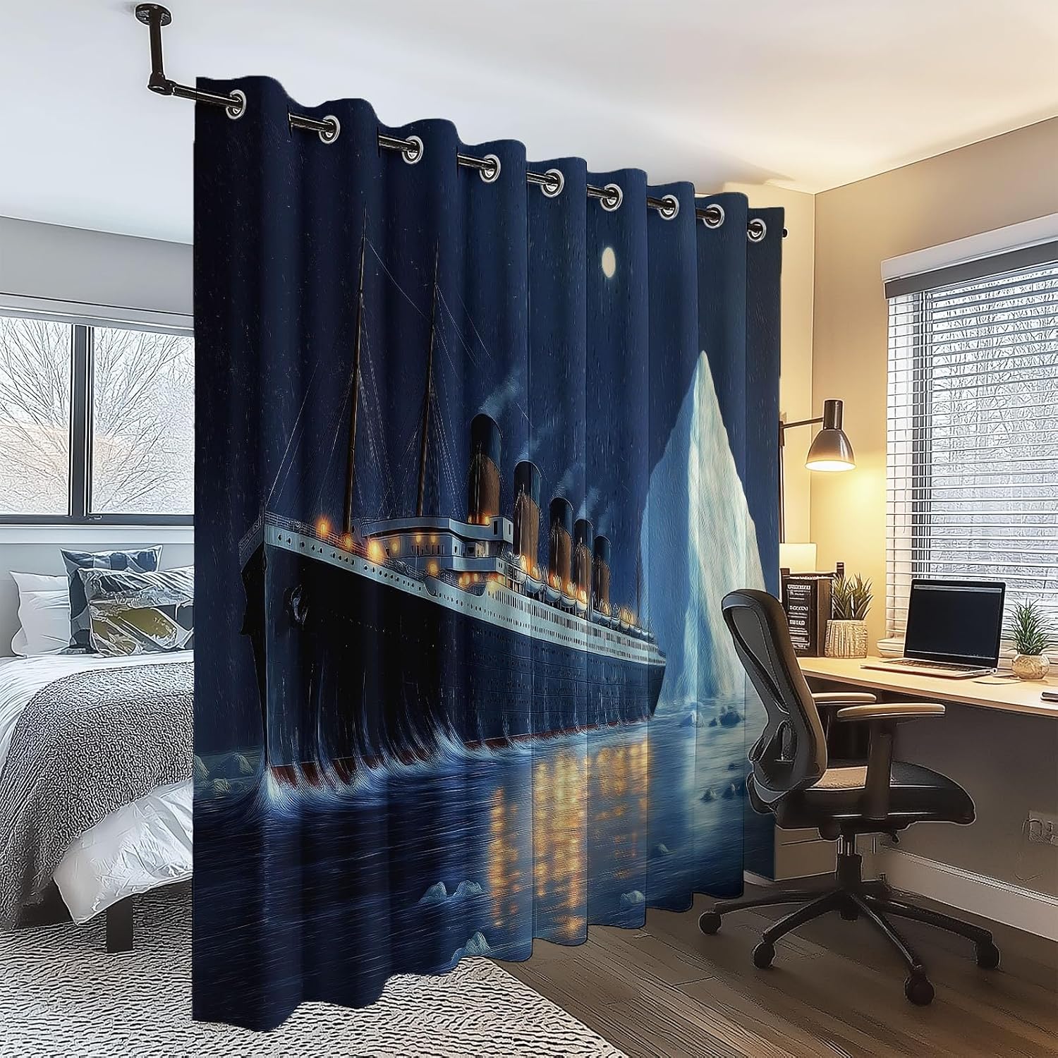 Blackout Curtains Bedroom Oil Painting Style Ship and Iceberg Pattern, Geo-Thermal Insulated Energy Efficiency Window Treatment Sets Grommet Drapes for Kids Room 52" W x 108" L (Pack of 2), Dark Blue