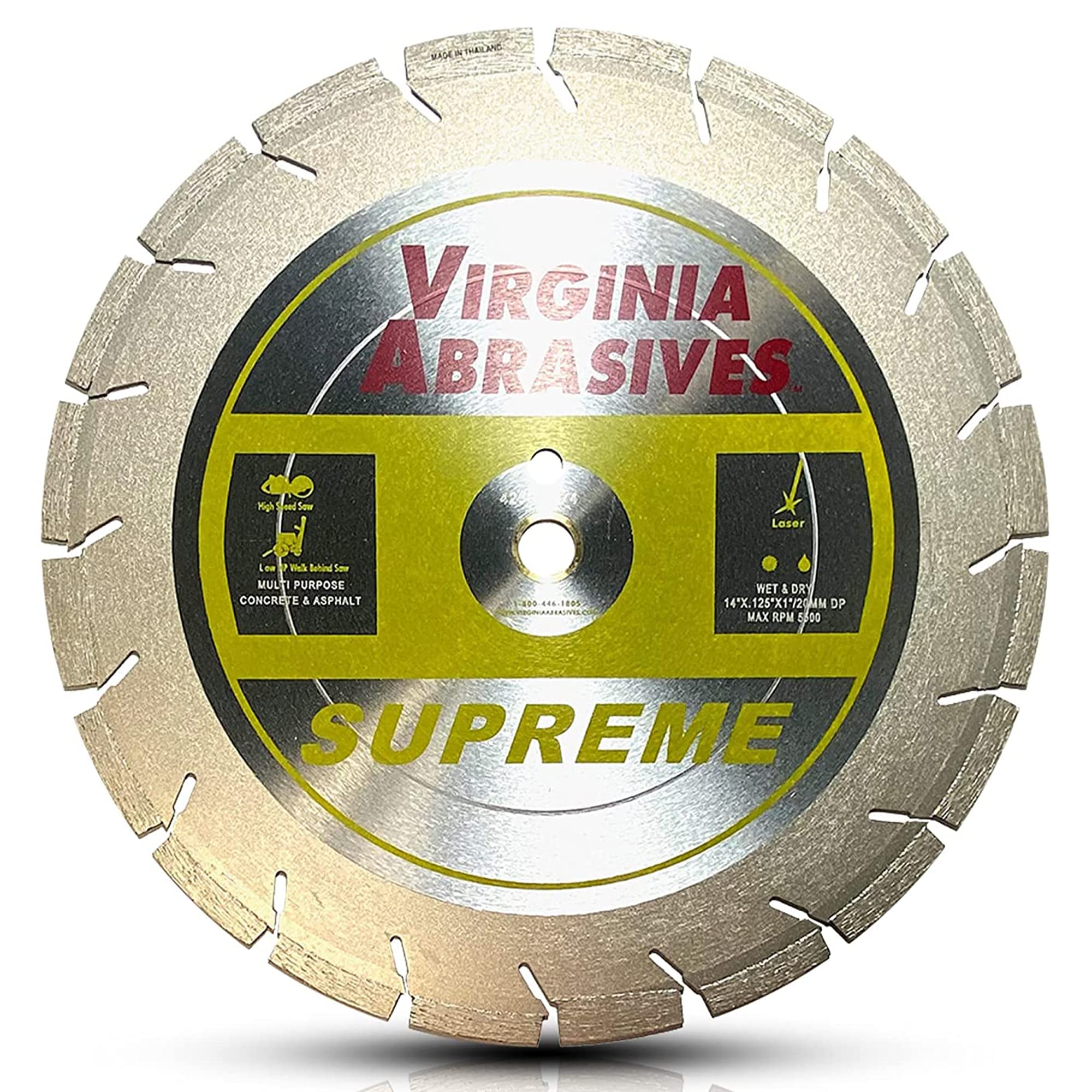 Virginia Abrasives 425-03074 - 1pc 14" Supreme Pro High Speed Diamond Blade - Concrete/Asphalt Cutter - Wet/Dry, Tough Grit, Asphalt Cutting -