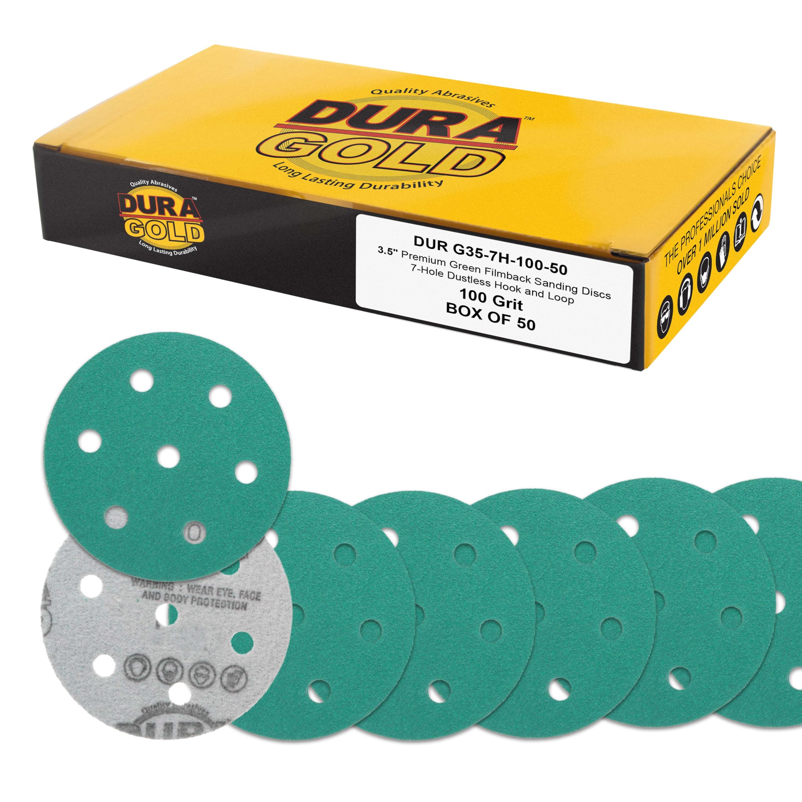 Dura-Gold Premium 100 Grit 3.5" (90mm) Green Film Sanding Discs, 7-Hole Pattern, Box of 50 - Fits Festool RO 90 Rotex Hook & Loop Backing Sandpaper