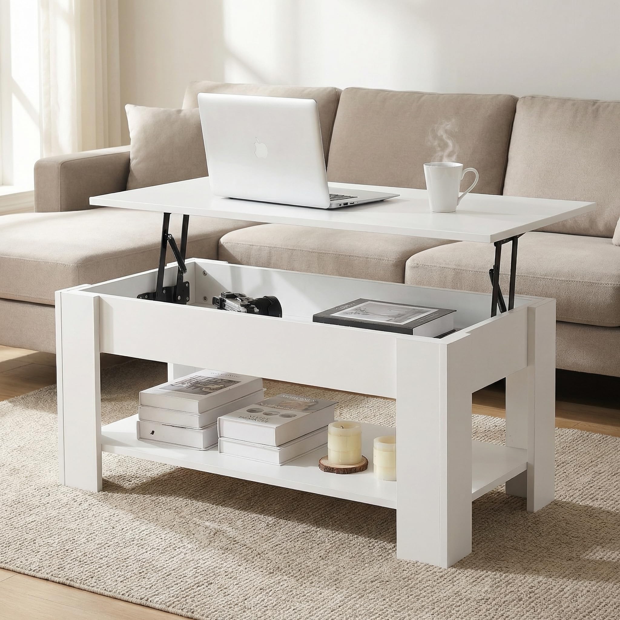Mesa de Centro Elevable y Extensible, Mesa de Salón o Comedor Mesita Cafe con Almacenaje y Estante Almacenamiento Oculto Modernos Blanco 98x50x(42-56) cm