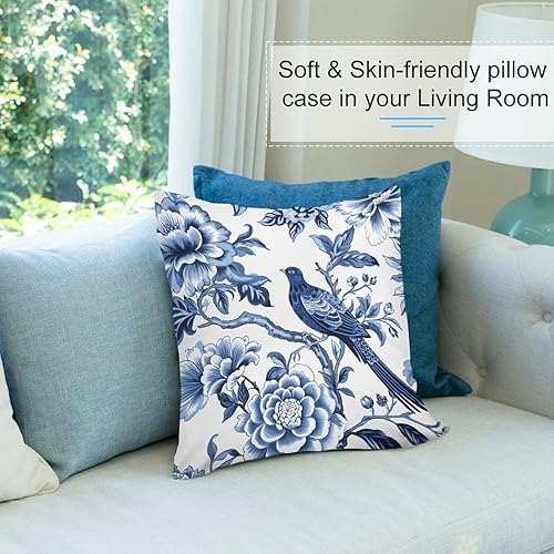 Miniatura 5 de Eurosham - Fundas de almohada de terciopelo azul índigo, diseño floral de pájaros, 16 x 16 pulgadas, estilo chinoiserie, funda de almohada de estilo