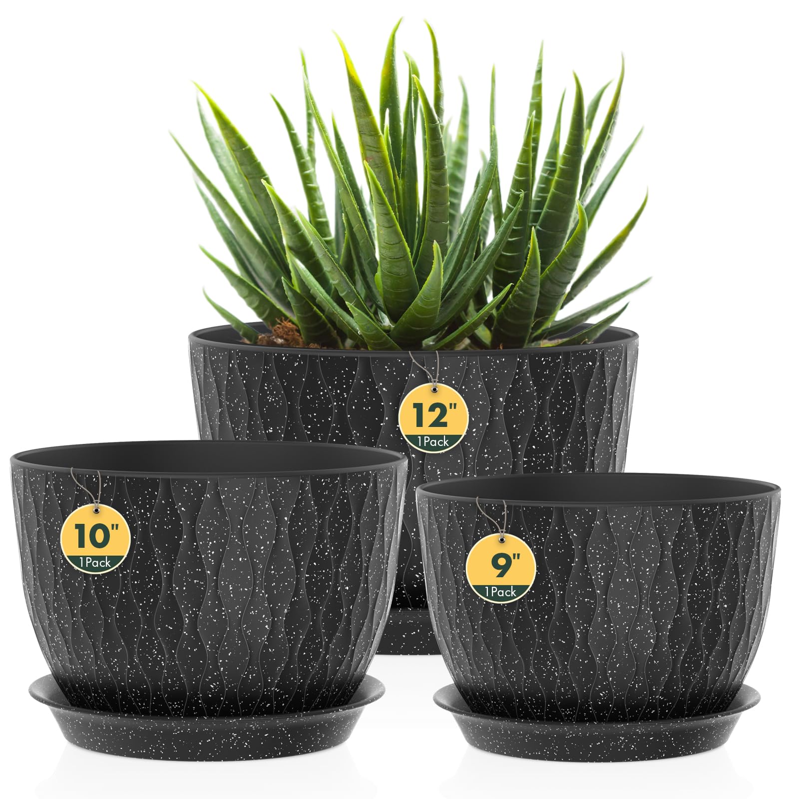 Homeuouz 3er Set Groß Breite Pflanzentopf mit Untersetzer – 30/25/22 cm Kunststoff-Blumentöpfe für Innen & Außen, mit Drainagelöchern, wasserwellige Struktur, Schwarz mit weißen Punkten