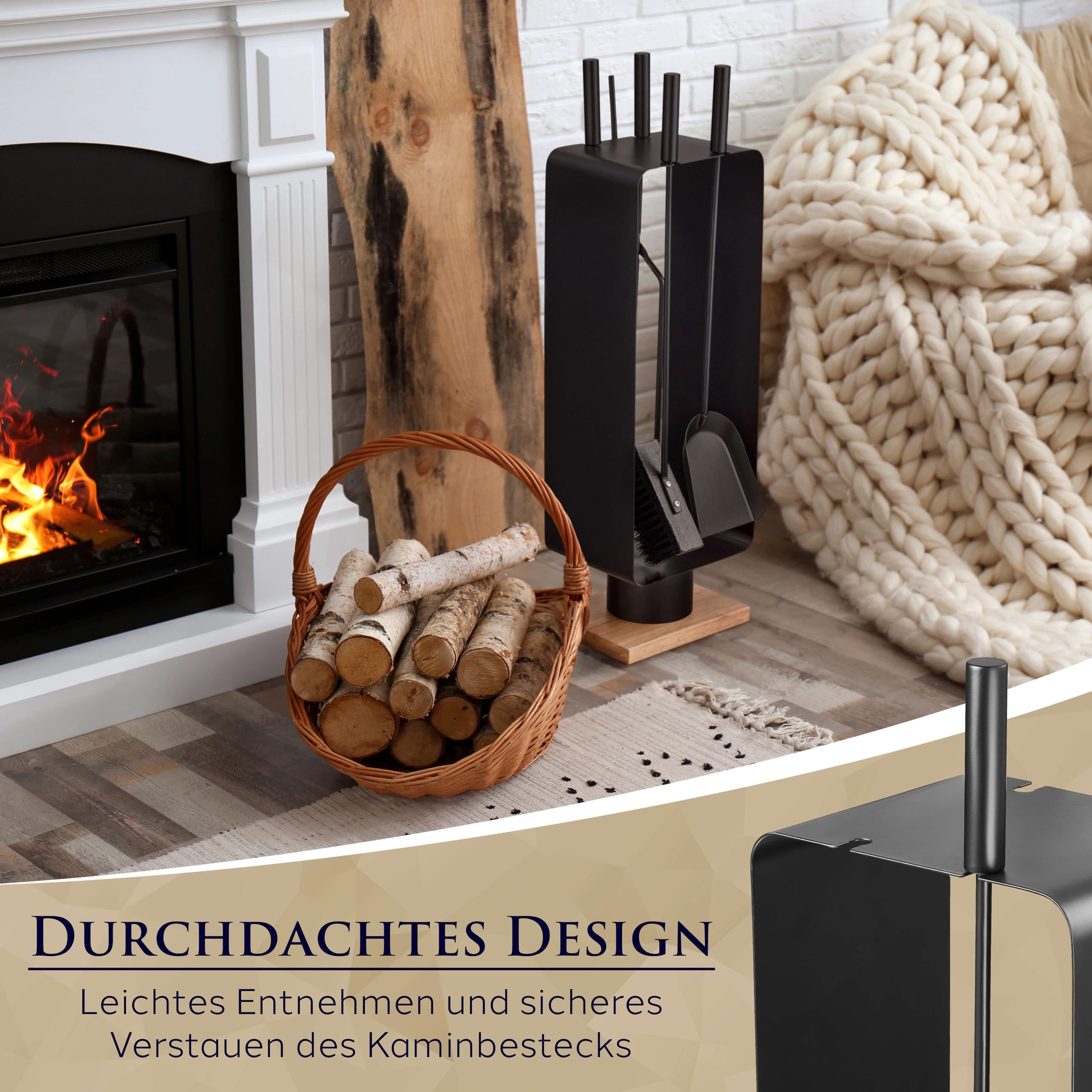 Kaminbesteck modern - Kamingarnitur schwarz mit Besen, Schaufel und Schürhaken - hochwertiger Ofenbesteck
