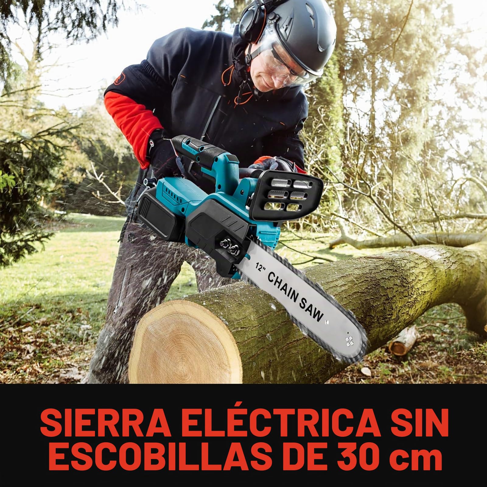 Motosierra Eléctrica 1500W,Motosierra Bateria de 12 Pulgadas con 2 Baterías, Longitud de la Barra de 30 Cm, Velocidad de la Cadena de 10 M/S, con Sistema de Lubricación,para Tala y Poda (Azul) (Azul)