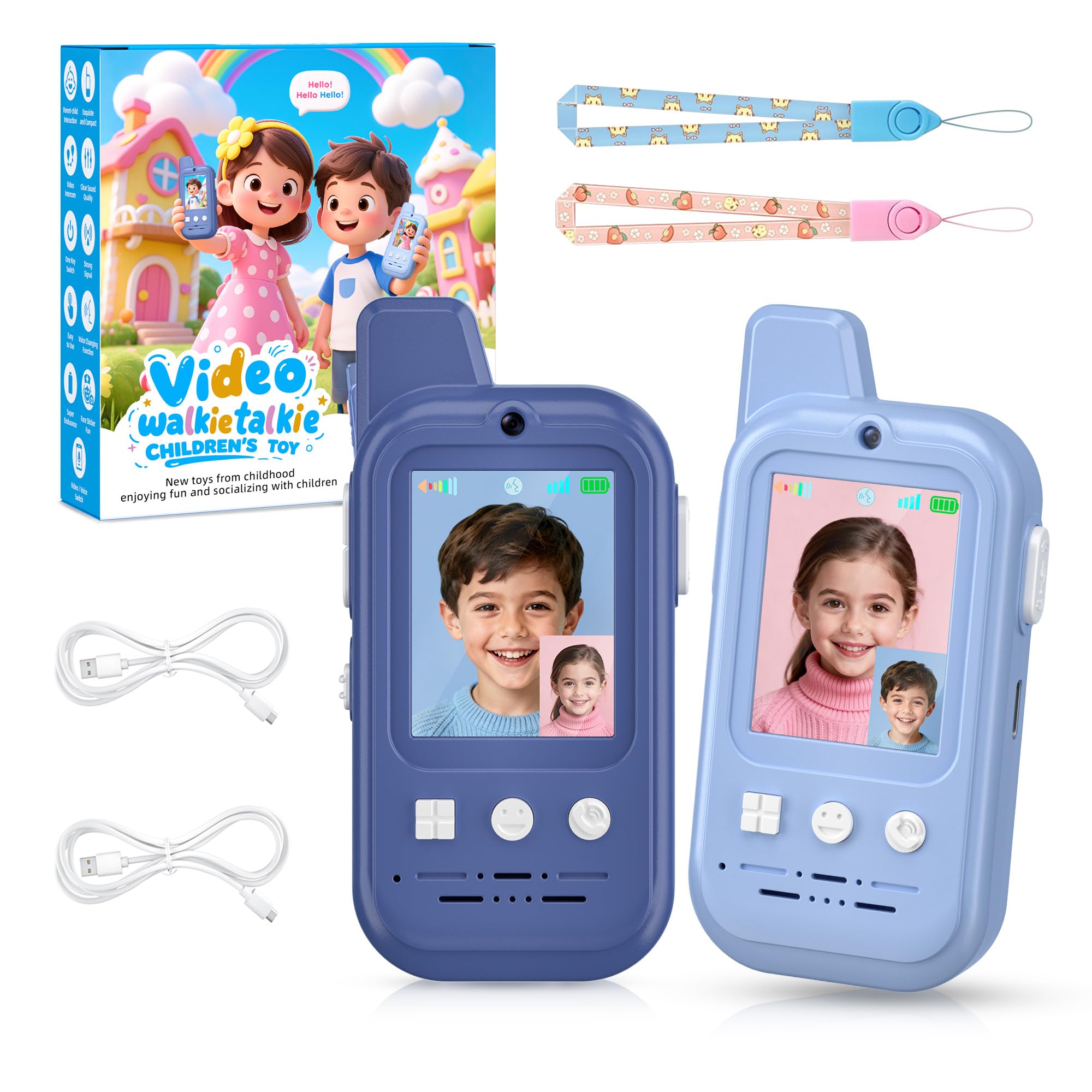 Video Walkie Talkies for Kids: 2 Pack Intercom Toys for Boys Girls Age 3-12 Year Old, Rechargeable Kids Walkie Talkies, HD Camera, Voice Changer, 2'' Screen for Outdoor Play Camping Hiking Family Game Blue+Blue