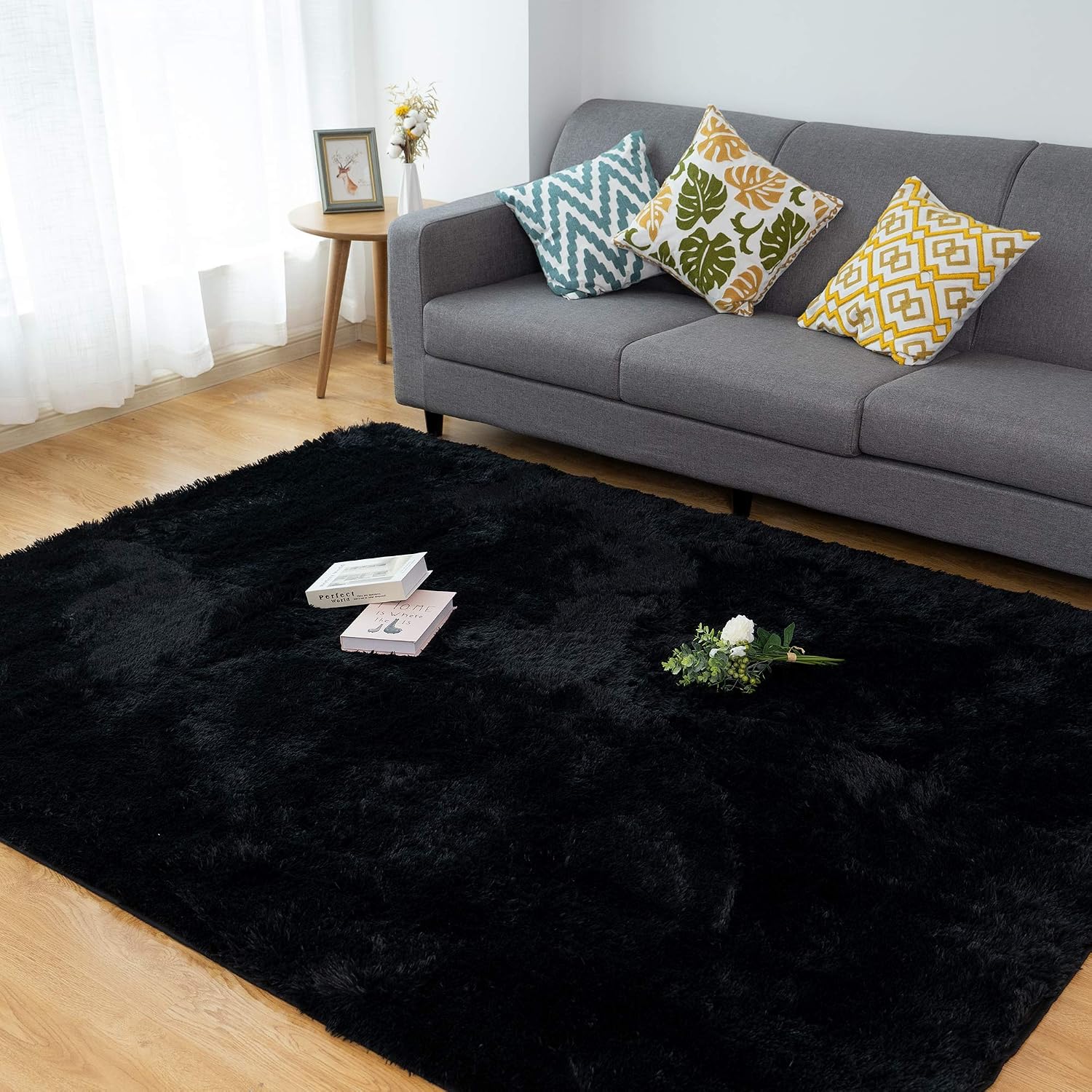 CHOSHOME Black 3x5 Feet Machine Washable Rug for Bedroom, Shag Faux Fur Rug for Livingroom, Fluffy Plush Fuzzy Rug for Boys Girls Kids Nursery Dorm Room