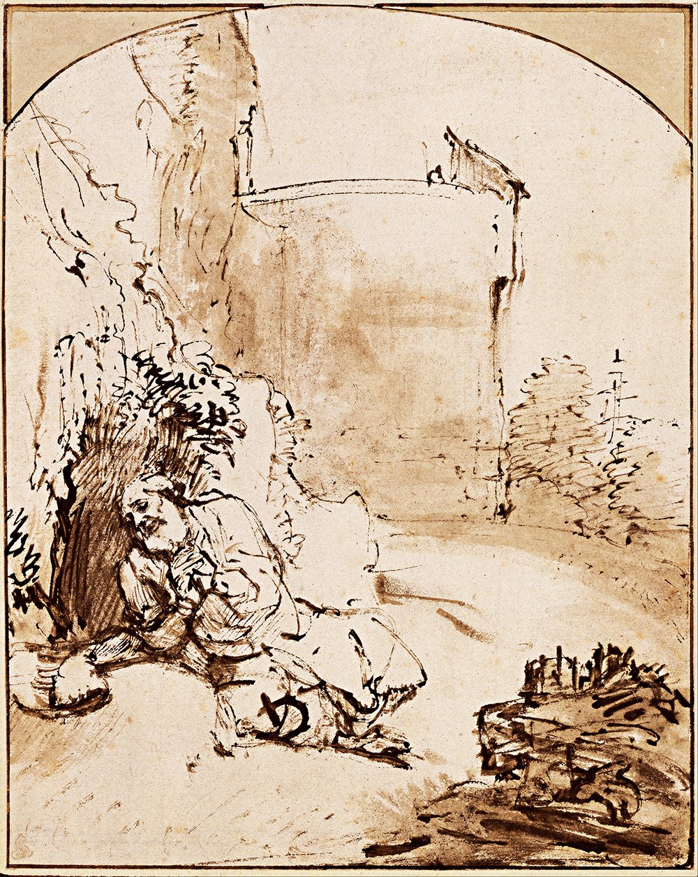 Cuadro de Jonás de Rembrandt enmarcado en marrón tamaño pequeño