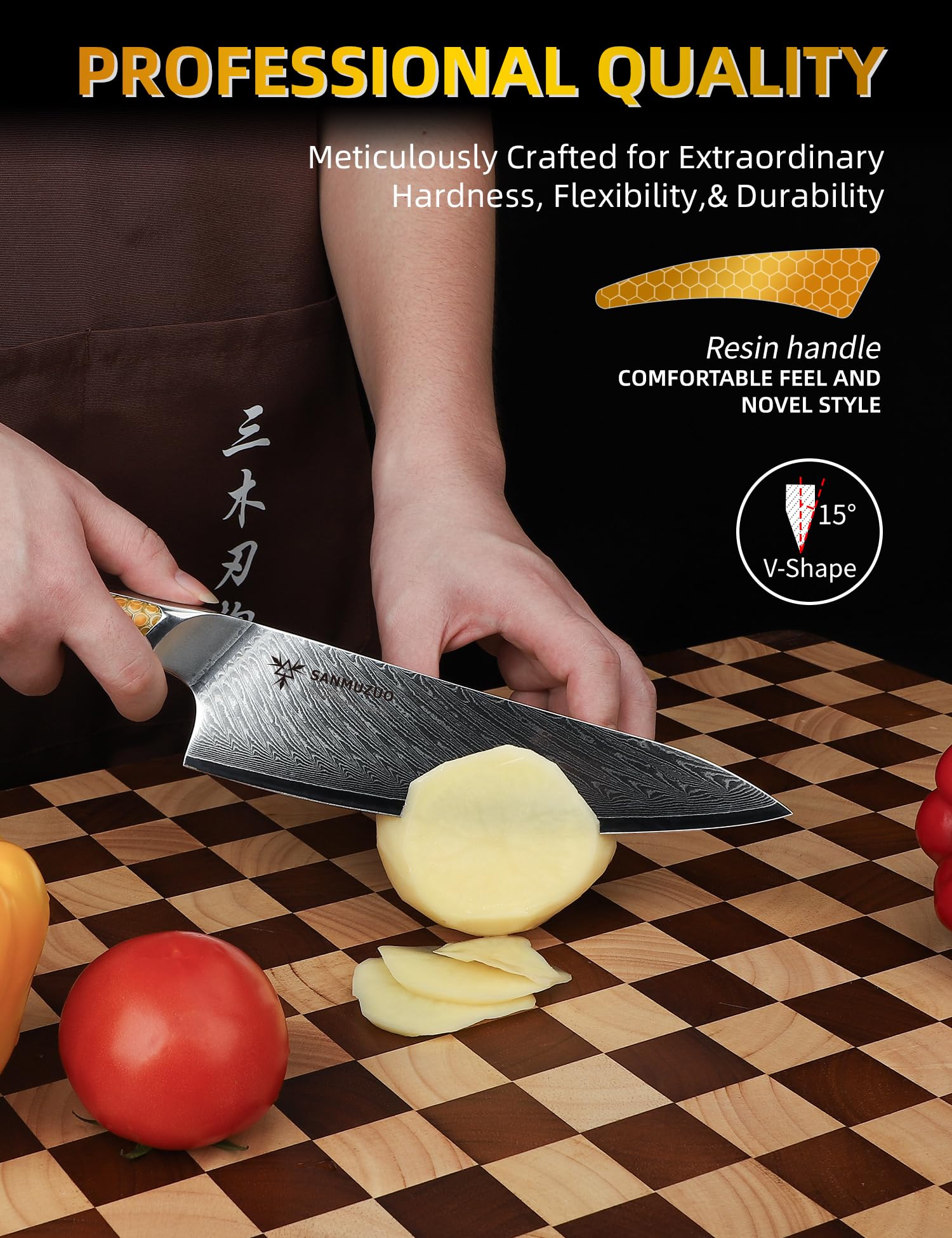SANMUZUO 8 inch Chef Knife, Japanese VG-10 Damascus Steel Kitchen Knife, Ultra Sharp Cooking Knife with Full-tang Handle in Yellow Resin, LA-S9 Series