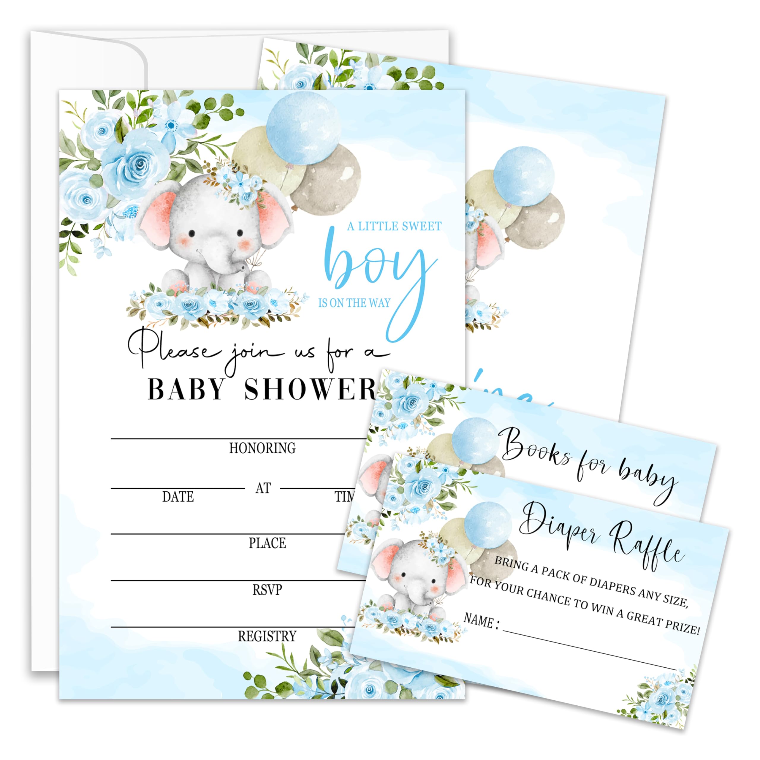 Fihjm Blue Elephant Baby Shower Invitations for Boy, Boy Baby Shower Invites, Diaper Raffle Tickets & Book Request Card, 25 Set With Envelopes, Party