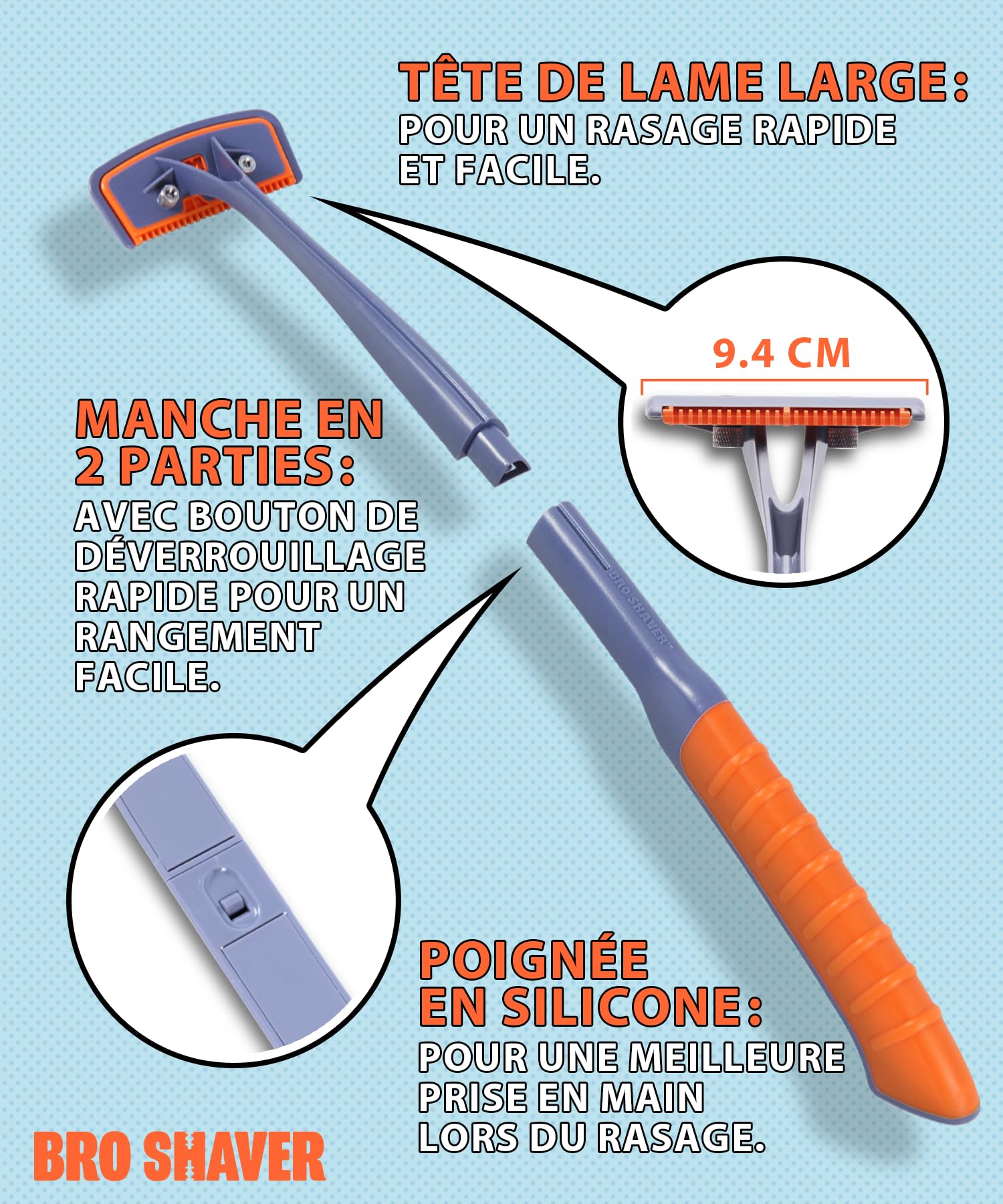 BroShaver 3.0 DIY Tondeuse pour le dos et le corps avec 6 lames – Rasage à sec ou humide pour hommes | Rasoir avec manche fendu et prise ergonomique