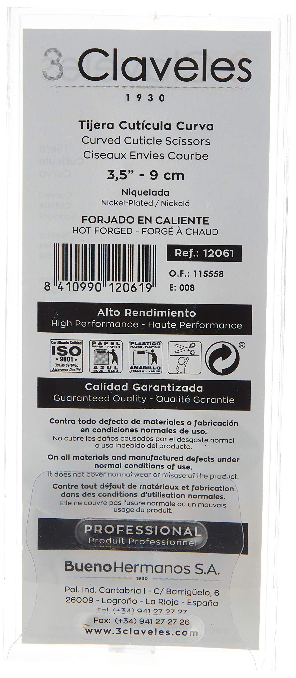 3 Claveles 12061 - Forbici per manicure, curve, 3.5"