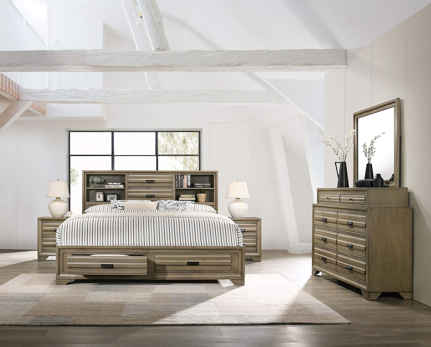 Roundhill Furniture Loiret Wood Storage Platform Queen Bedroom Set with Dresser, Mirror, Two Nightstands, Light Gray