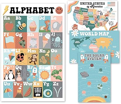 Amazon Co Jp 4 レトロ プレ K 幼児向け学習ポスター 1 3 幼児用abcポスター 壁 子供向け太陽系ポスター 地図 幼稚園教室世界地図 ポスター 幼稚園 ホームスクール用品 文房具 オフィス用品