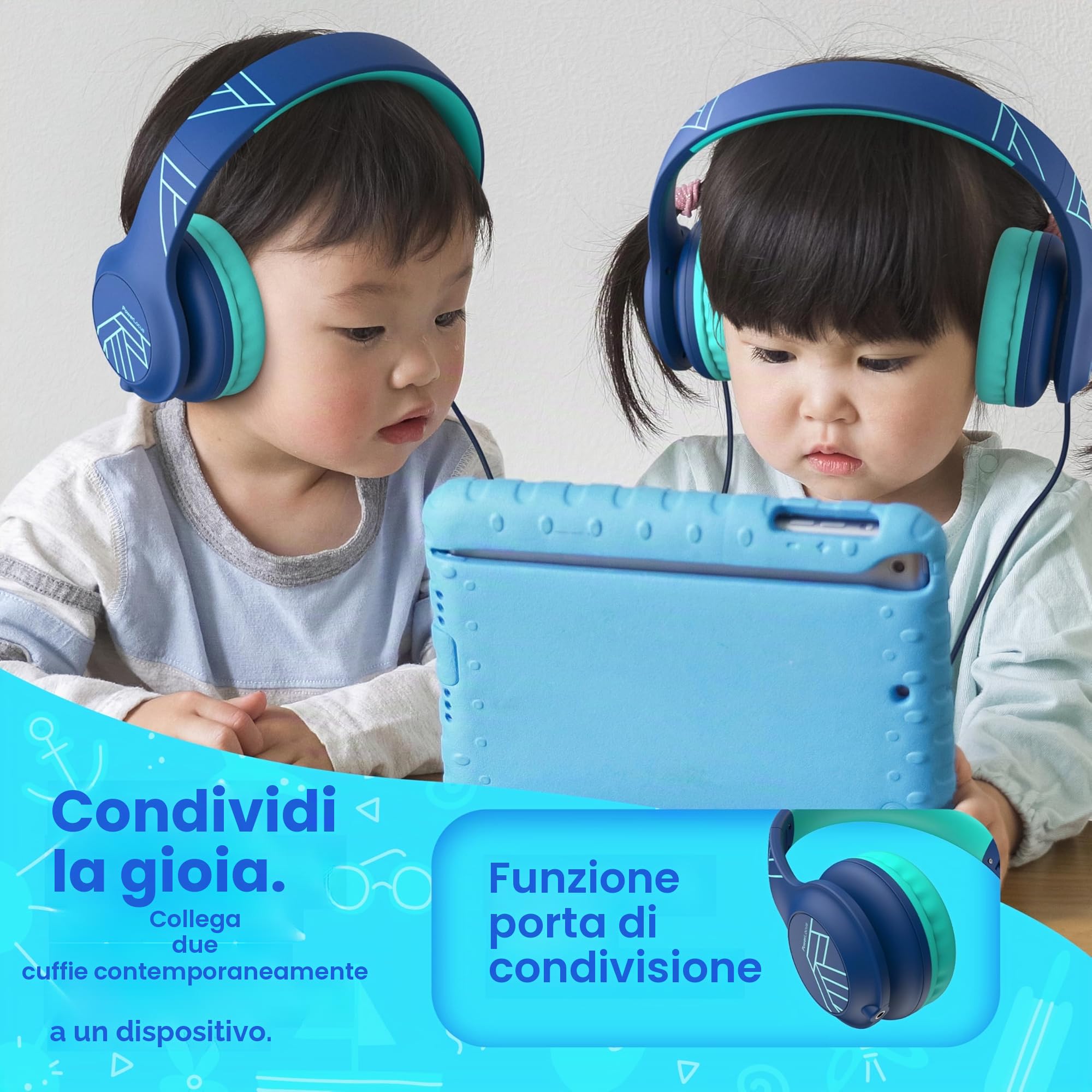 PowerLocus Cuffie per Bambini con Filo, Pieghevoli, Limitazione Volume 85/94dB, 3.5mm Jack, Microfono, Hi-Fi Stereo per Telefono/Viaggio/PC (Blu)