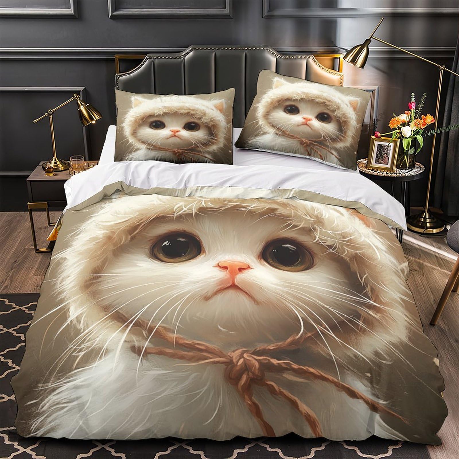 Housse de couette 3 pièces chaton mignon 3D microfibre anti-tache 260x220 enfants adolescents