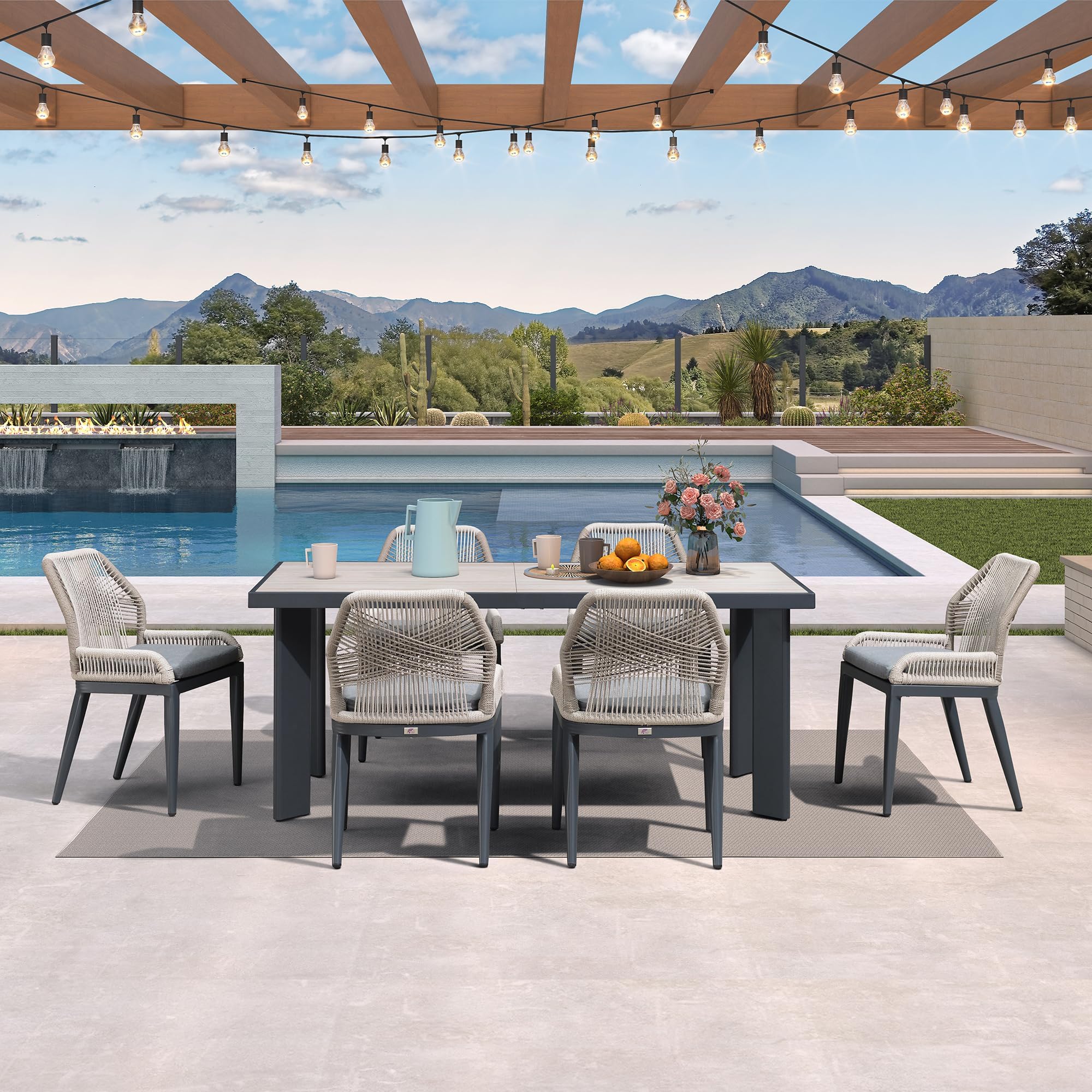 PURPLE LEAF Outdoor Dining Set 7 Pieces with Cushion, Beige and Dark Grey