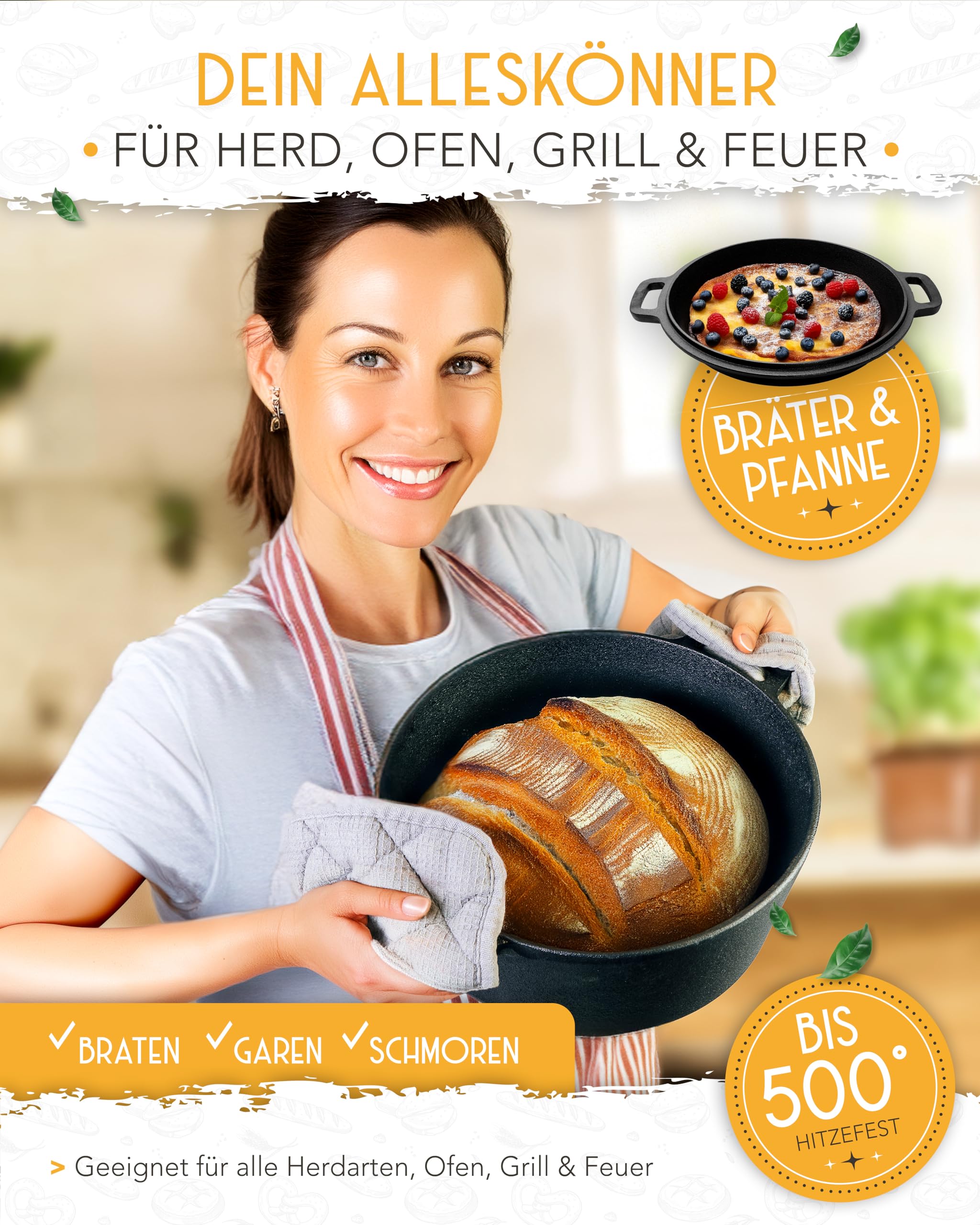 KRUSTENZAUBER Juego XXL de cacerola de hierro fundido, molde para pan con tapa, incluye cesta de fermentación, batidor, cuchillo de panadero, espátula para masa, soga de pan y más – Juego perfecto