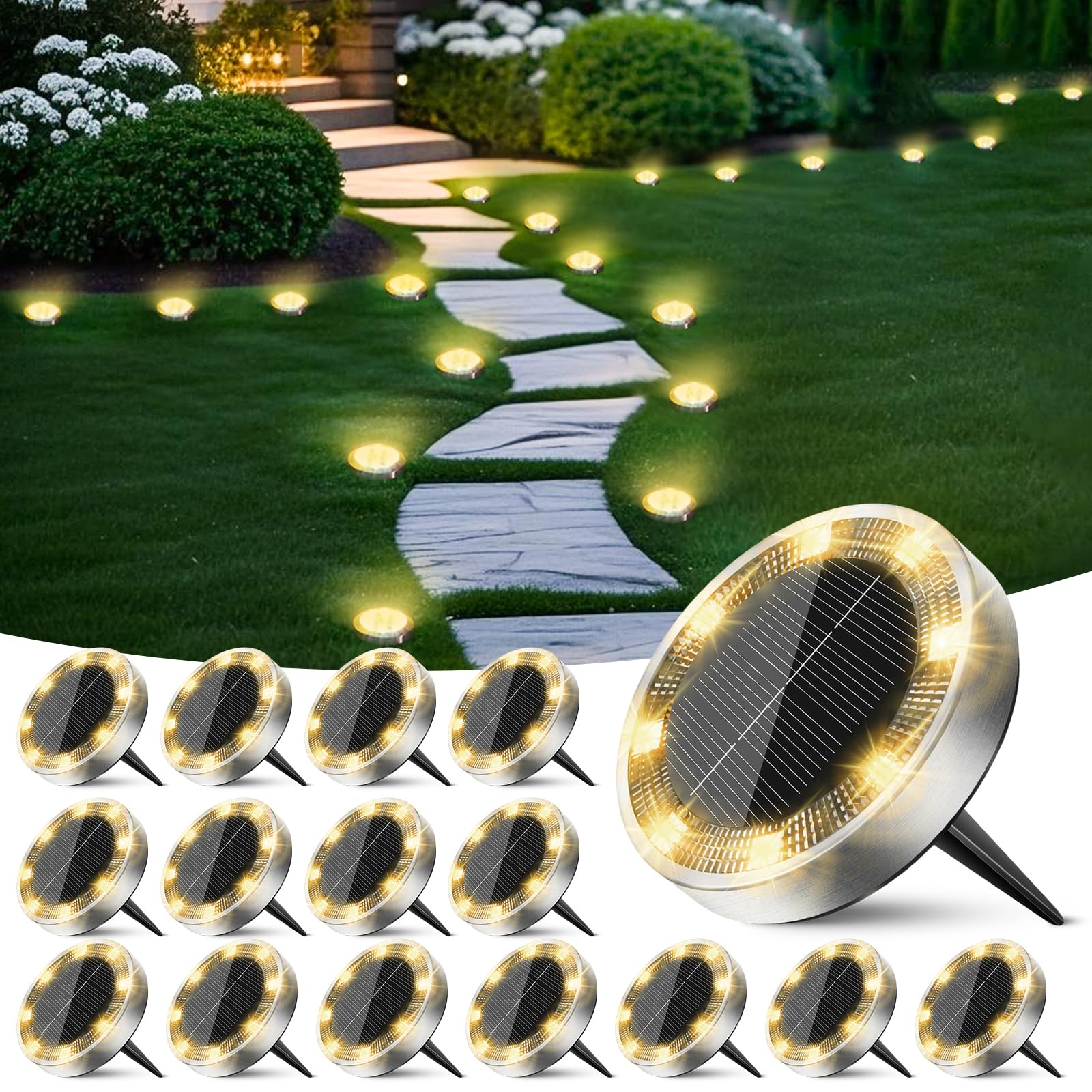 Peasur Solar Ground Lights Outdoor, 16 Pack Flat Solar Powered Disc Lights, IP68 Waterproof, Anti-Rust, Landscape Lighting for Pathway Garden Yard Lawn Walkway Landscape Driveway, Mini, Warm White