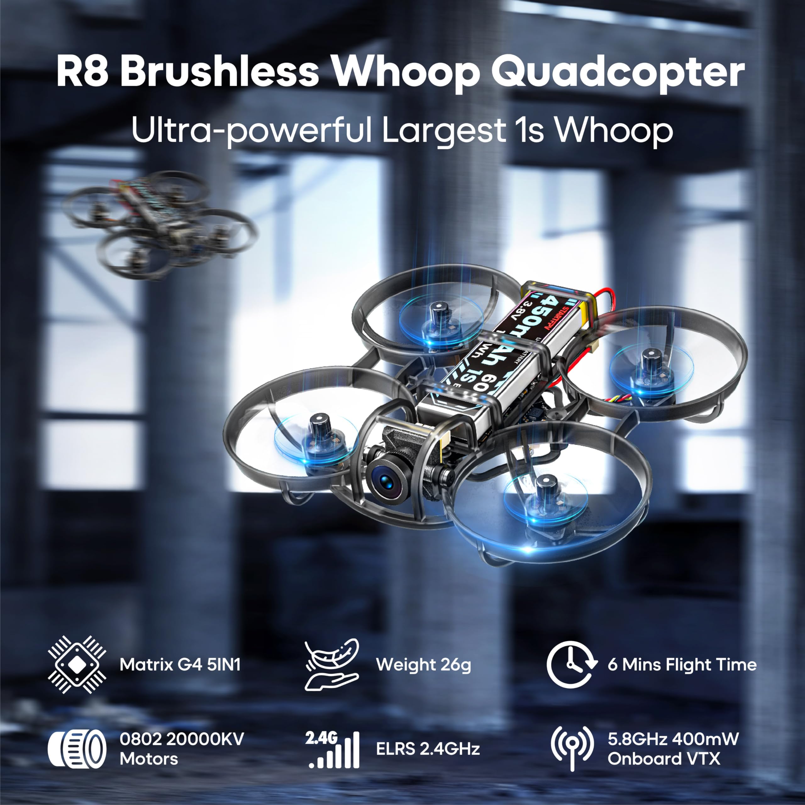 R8 ELRS Tiny Whoop Quadcopter,Ultralight 1S 80mm Micro FPV Drohne BNF mit 2 Batterien Fly12 Mins für FPV Freestyle Racing Indoor,Matrix G4 5IN1 FC,FOV160 °,0802 20000KV Brushless Motor