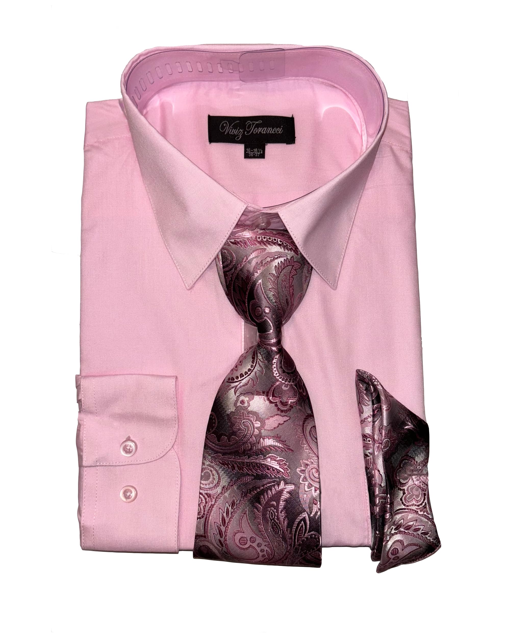 Viviz Forancci Men's Long Sleeve Pointed Collar Dress Shirt with Matching Tie Set AC101-Pink-16-16 1/2-36-37