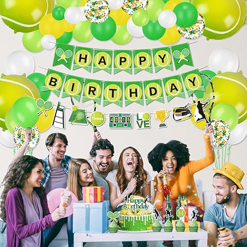 Miniatura 3 de Decoraciones de fiesta de tenis, incluye pancarta de tenis de feliz cumpleaños, globos de tenis, adornos para cupcakes para hombres, mujeres, niños,