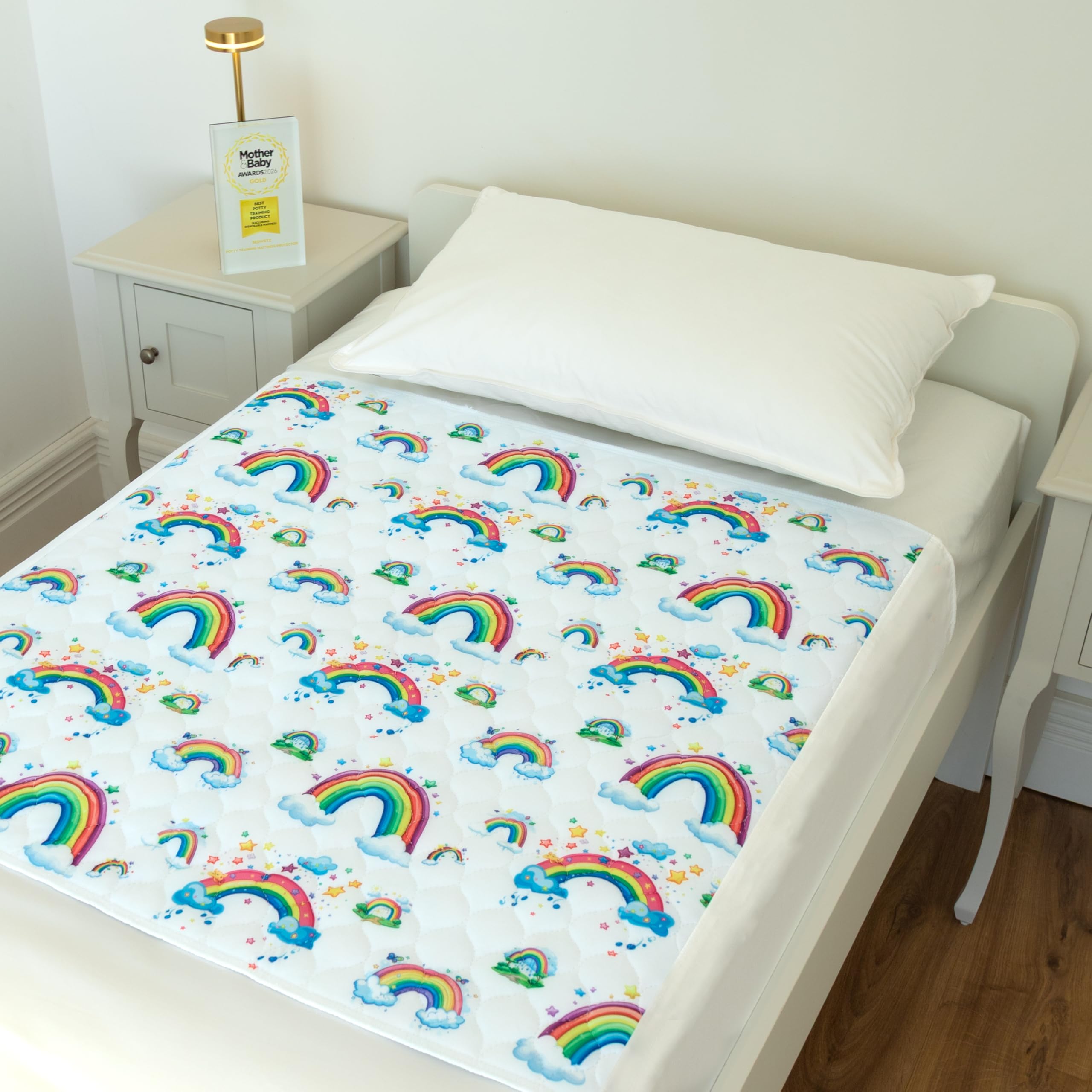 Bedwetz Single Rainbow Potty Training Bed Pad – Waterproof Mattress Protector For Toddler & Single Beds, Washable 5-Layer Bed Wetting Sheet With Non-Slip Wing Tucks | Rainbow