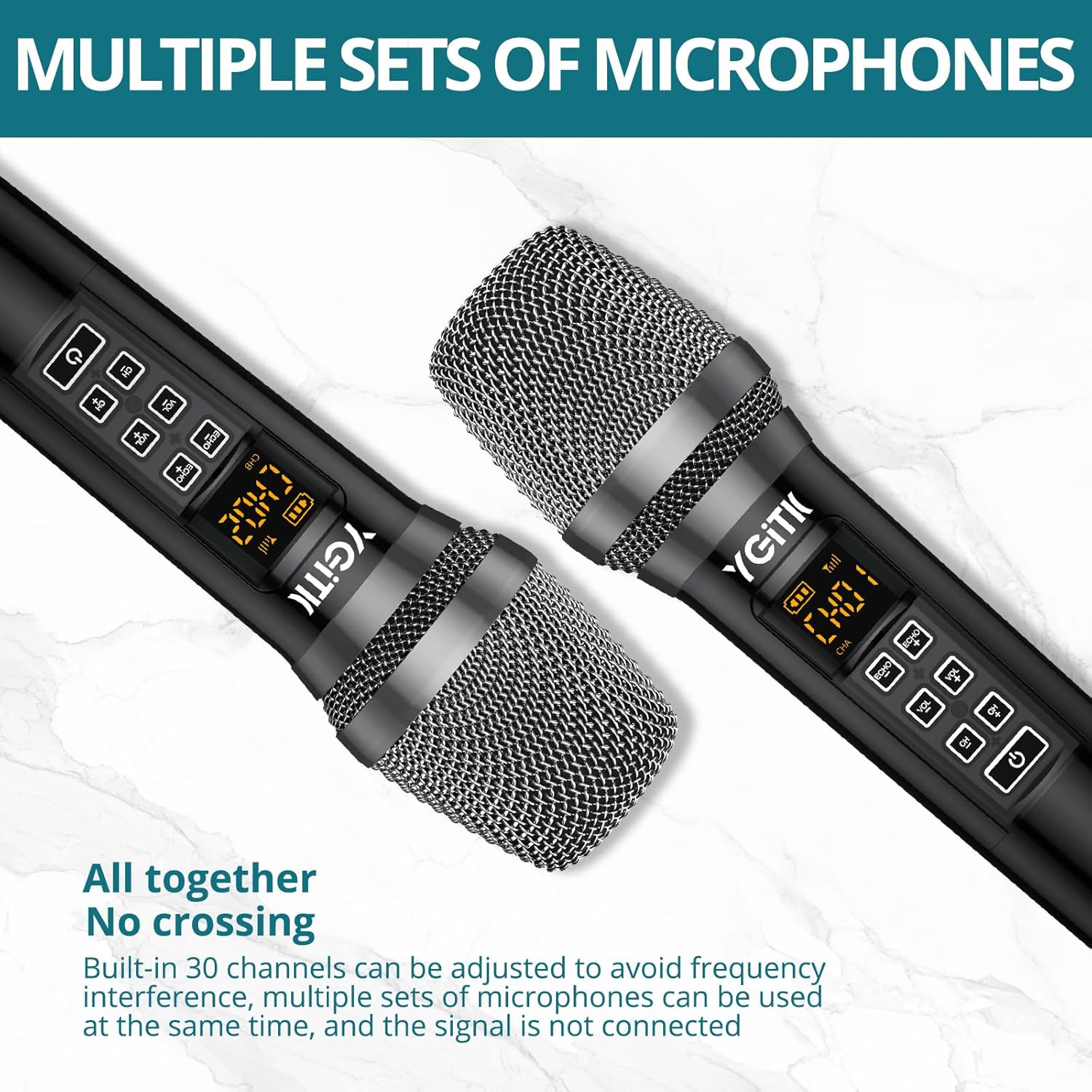 Wireless Microphone, UHF Metal Dual Handheld Cordless Dynamic Mic System with Rechargeable Receiver 2X30 Channels Wireless Microphones System ECHO Adjust 160ft Range for Singing, Wedding