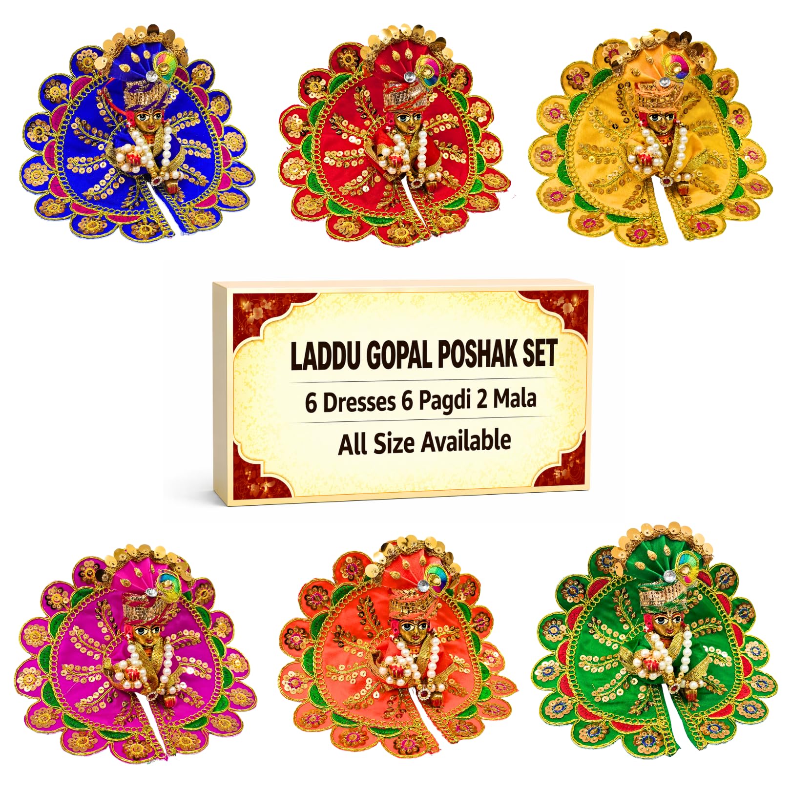 Embroidered Laddu Gopal Poshak Set | 6 Dresses With 6 Pagdi & 2 Mala | Kanha Ji Summer Dress | Thakur Ji Dress | Full Shringar Set | laddu gopal accessories-image-42