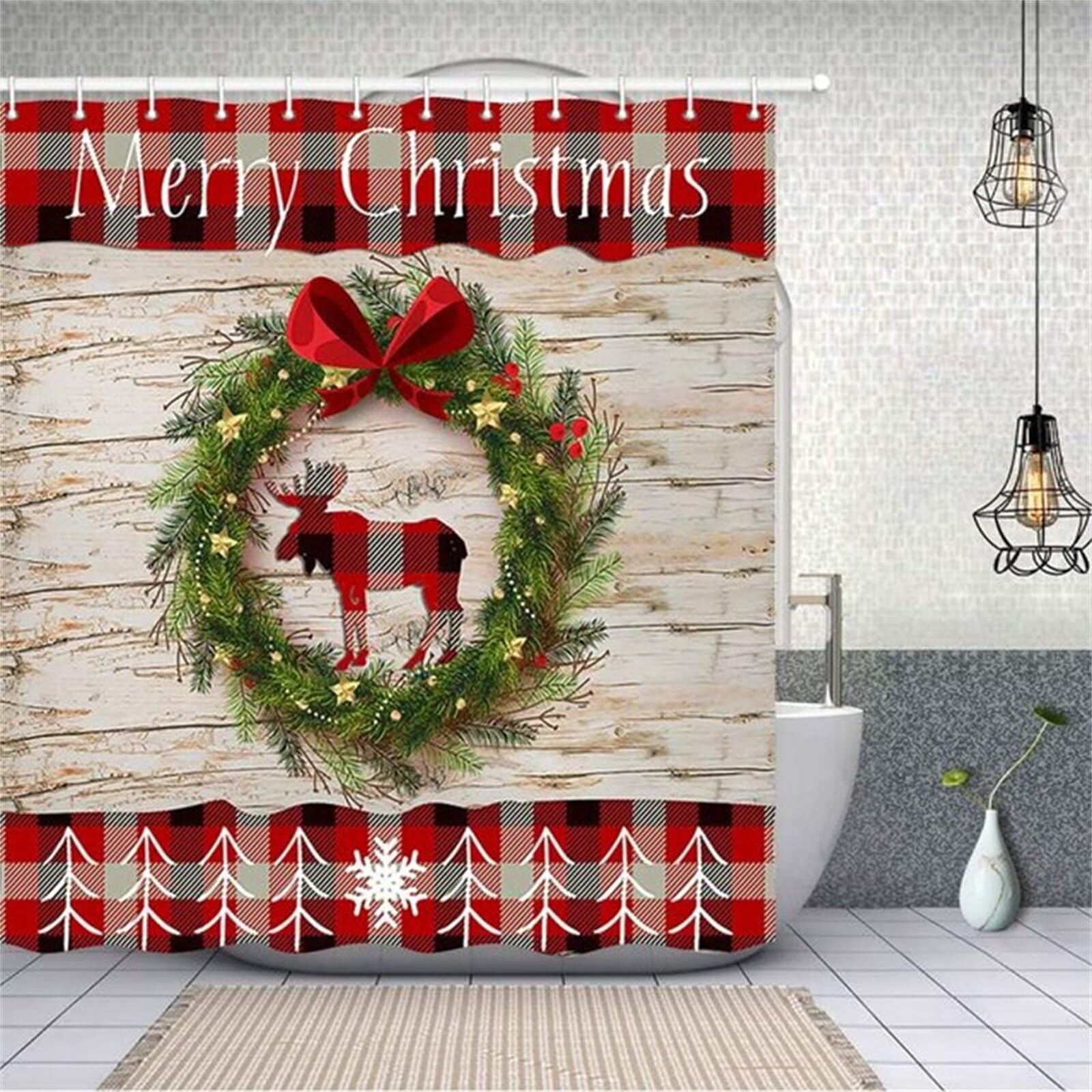Noël Rideau Douche W180cm x L240cm Rideaux de Douche Anti Moisissure Tissu Imperméable avec Crochets, Rideaux Lourd Polyester Lavable, 3D Shower Curtain Hôtel Baignoire Salle de Bains Decor M-1657