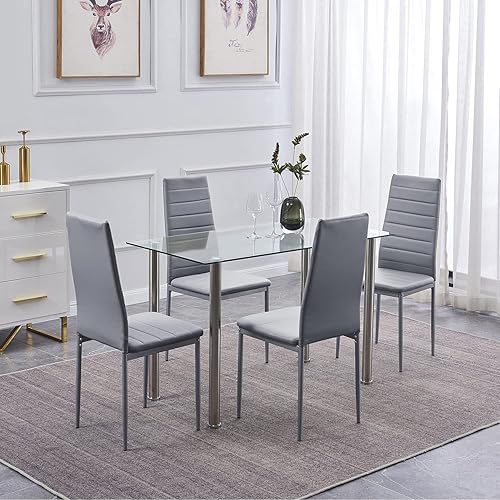 Miniatura 2 de Juego de mesa y silla de comedor de 5 piezas, juego de mesa de comedor para 4 mesas de cocina con 4 sillas, mesa rectangular de cristal con 4 sillas