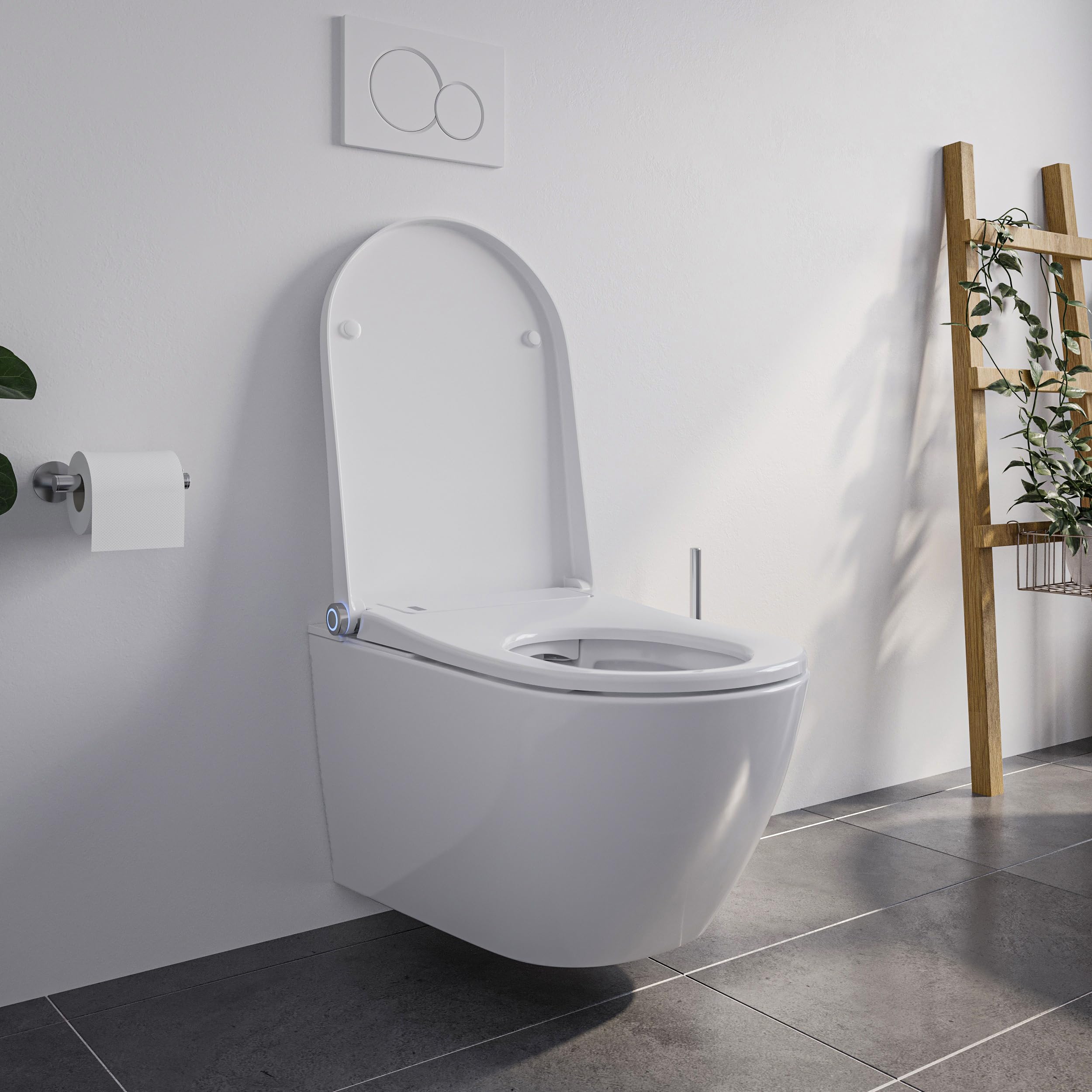 BERNSTEIN - Toilettes WC japonais suspendu lavant Cuvette céramique Blanc brillant + télécommande, jet douche, séchoir air chaud, filtre anti-odeurs, Chasse Vortex 180° - 59x38x38cm - Pro+1102