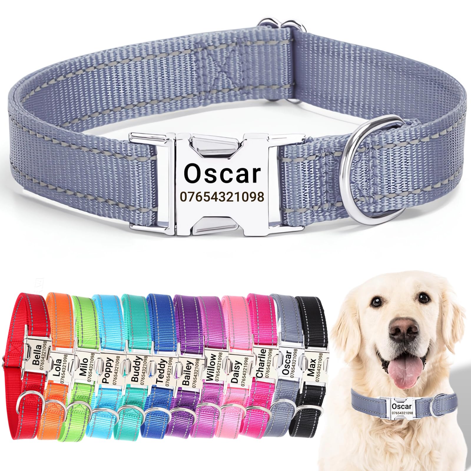 SEOUGEE Personalised Dog Collar with Engraved Metal Buckle, Reflective Nylon Collars for Small Medium Large Dogs with Custom Name Plate Phone Number (Grey, XL:Neck 45-70cm,Width 2.5cm) — image 1