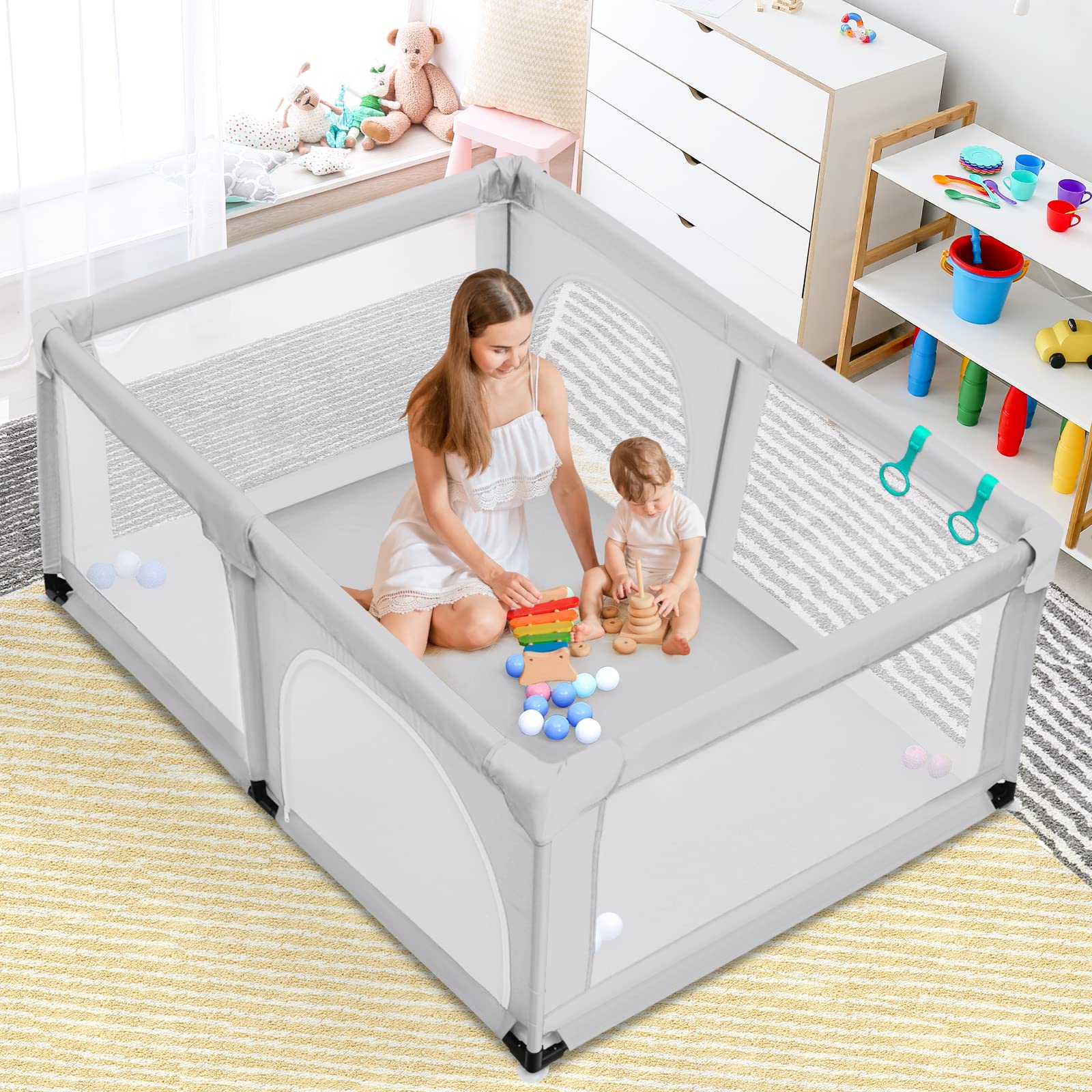 GOPLUS Parque Infantil Bebe, Baby Playpen, Corrales para Bebes, Centro de Actividades Interior para Niños, con Malla, Bolas, Bebé de 10 Meses a 6 Años, Interior y Exterior, 192 x 122 x 68 cm, Gris