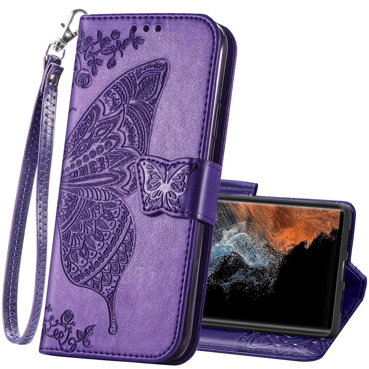 Galaxy S23 Ultra Case,Samsung S23 Ultra Wallet Case,PU Leather Protective Phone Case Wrist Strap Card Slots Holder Pocket Emboss Butterfly Flower