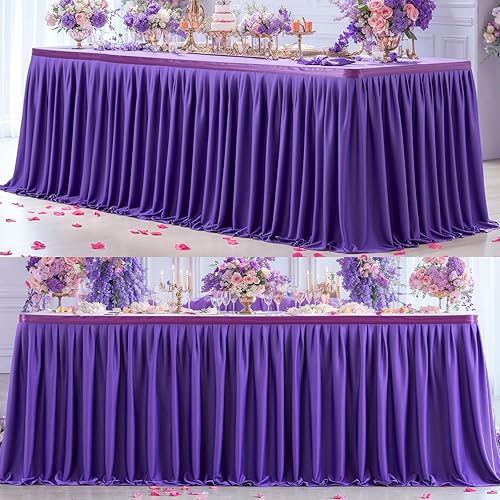 Partisky Falda de mesa de poliéster morado para mesas rectangulares de 14 pies, mantel plisado resistente a las arrugas para banquetes, bodas,