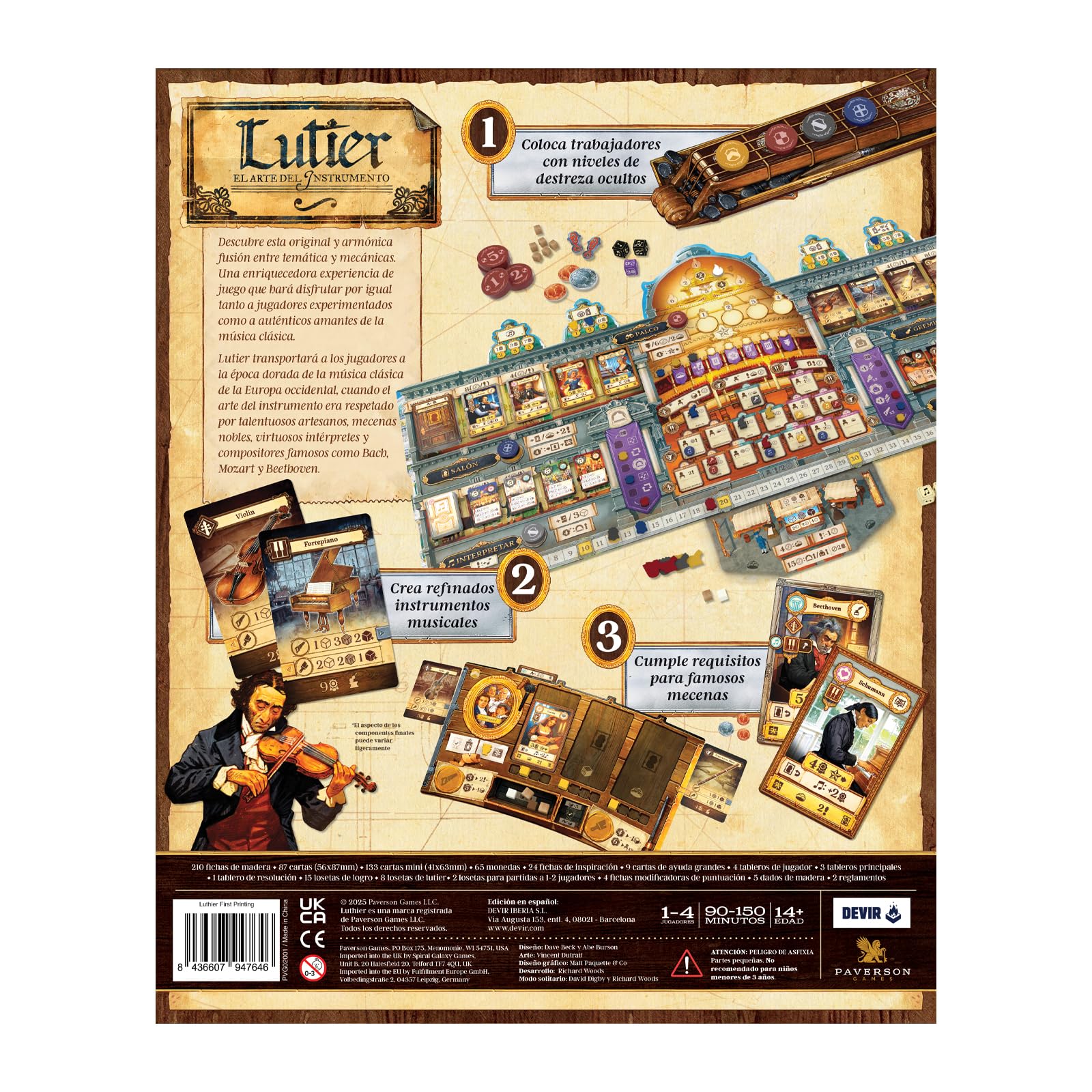 Devir - Lutier – Juego de Mesa Eurogame Estratégico de Construcción de Instrumentos Musicales en Europa del Siglo XVIII para 1-4 Jugadores - versión española
