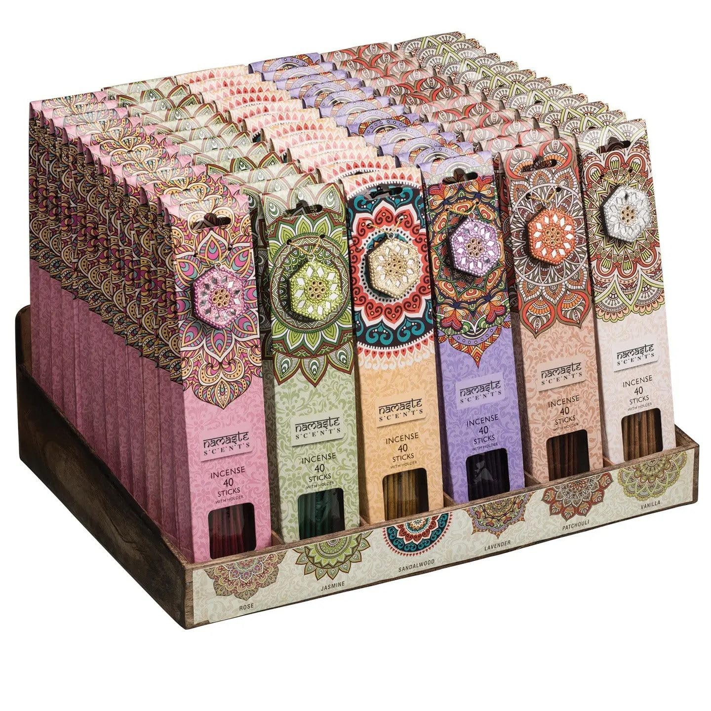 Juego de 4 paquetes de 40 varillas de incienso con soporte, diferentes fragancias (rosa, jazmín, sándalo, lavanda, pachulí, vainilla) con soporte brillante