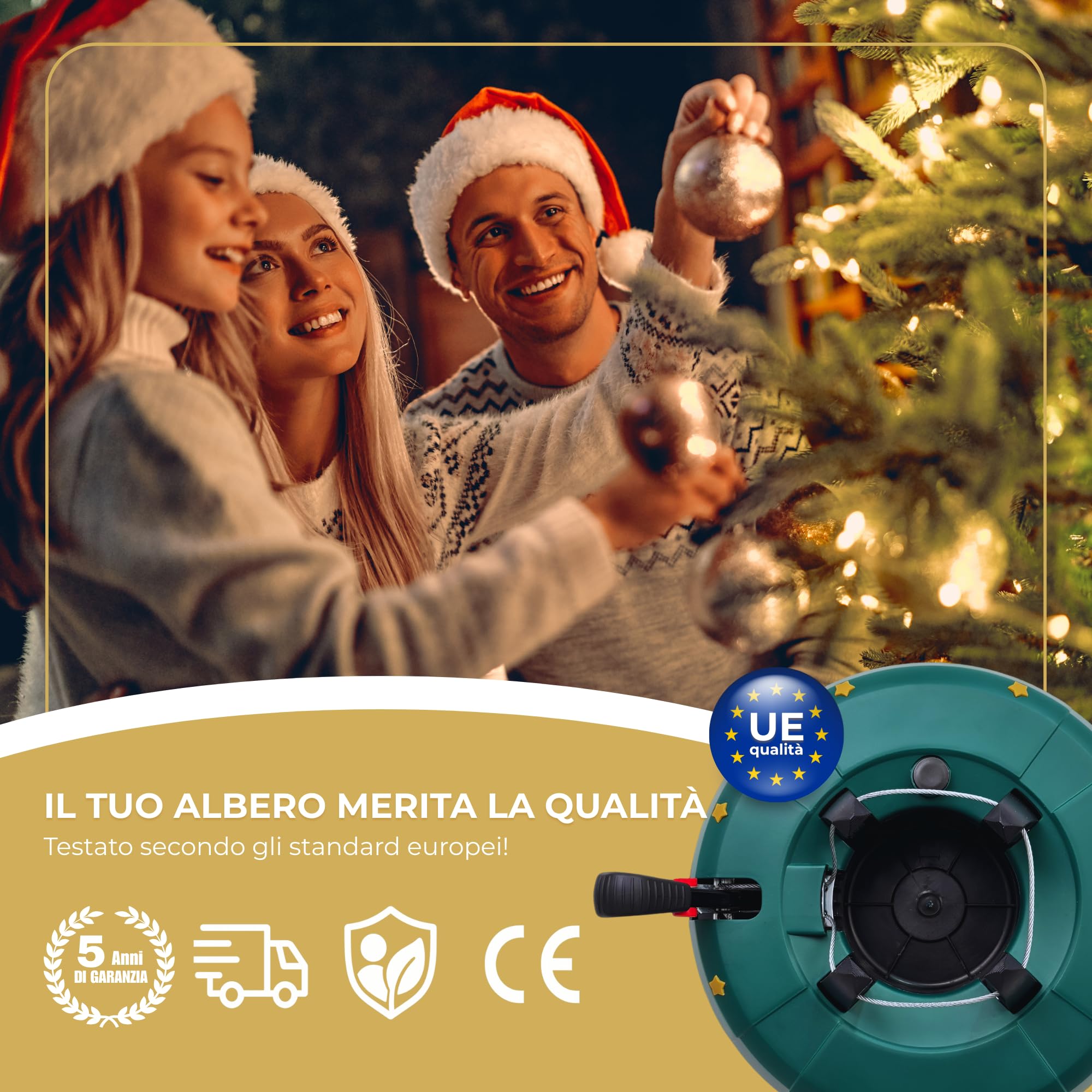 Supporto per albero di Natale fino a 3 m con pedale e sistema a corda, base stabile con serbatoio d’acqua da 3 L, design Verde Opaco con stelle – Kamai