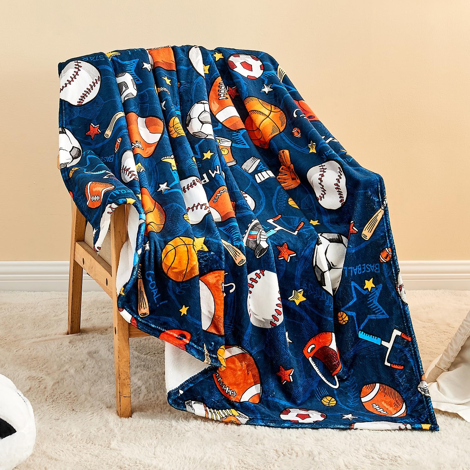 Wajade Sports Blanket for Boys,Soft Fleece 3D Soccer Basketball Baseball Football Kids Blanket for Couch Sofa Bedroom, Fuzzy Ball Throws for Kids Boys Teens,60"x80"