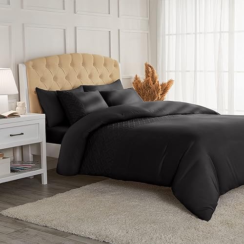 Mellanni Pinsonic - Juego de funda de edredón color negro a rayas, tamaño Queen, resistente a las arrugas, a la decoloración y a las manchas, cómodo disponible en Yaxa Colombia